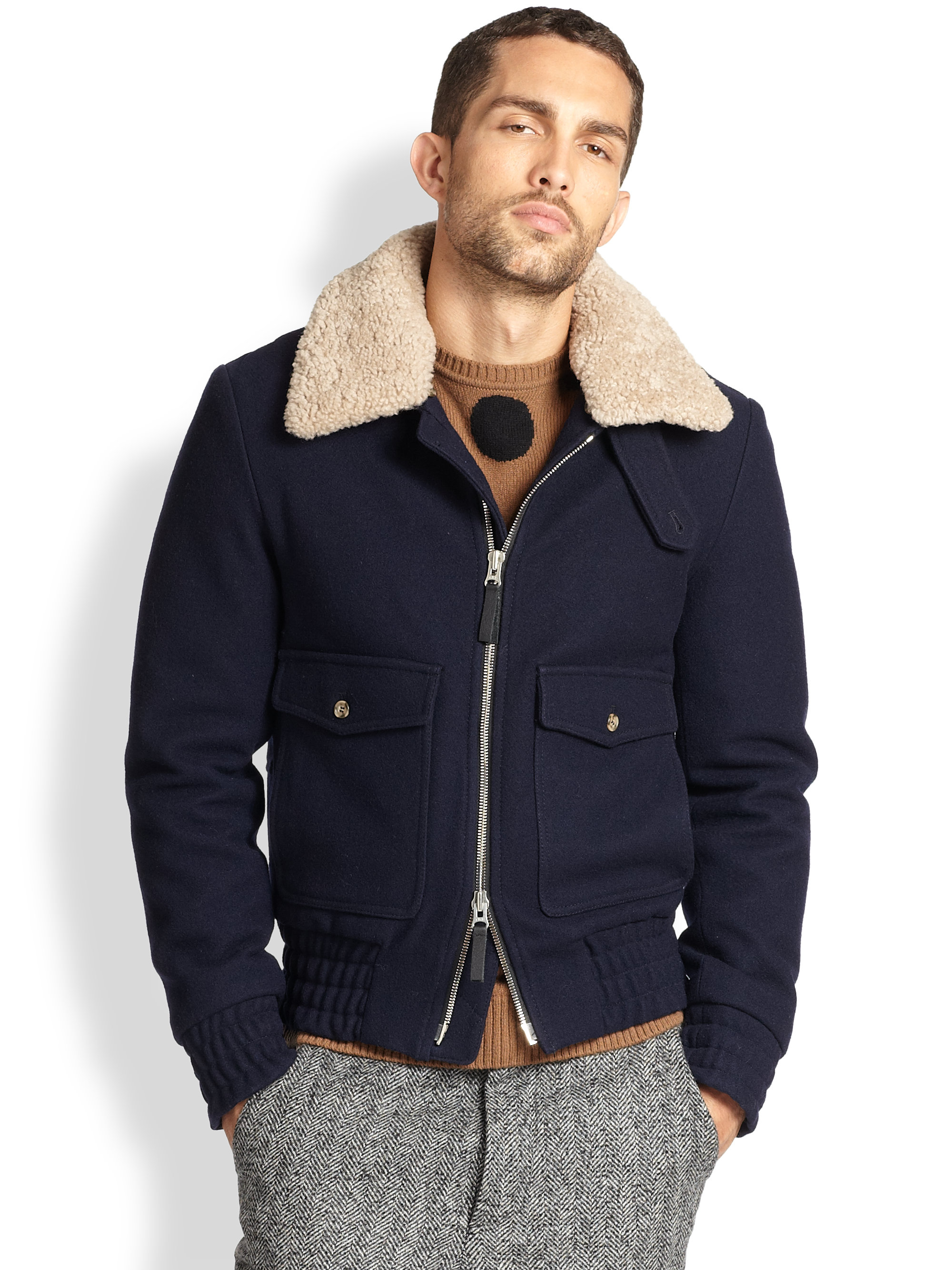 AMI Shearling Bomber Jacket in Navy (Blue) for Men - Lyst
