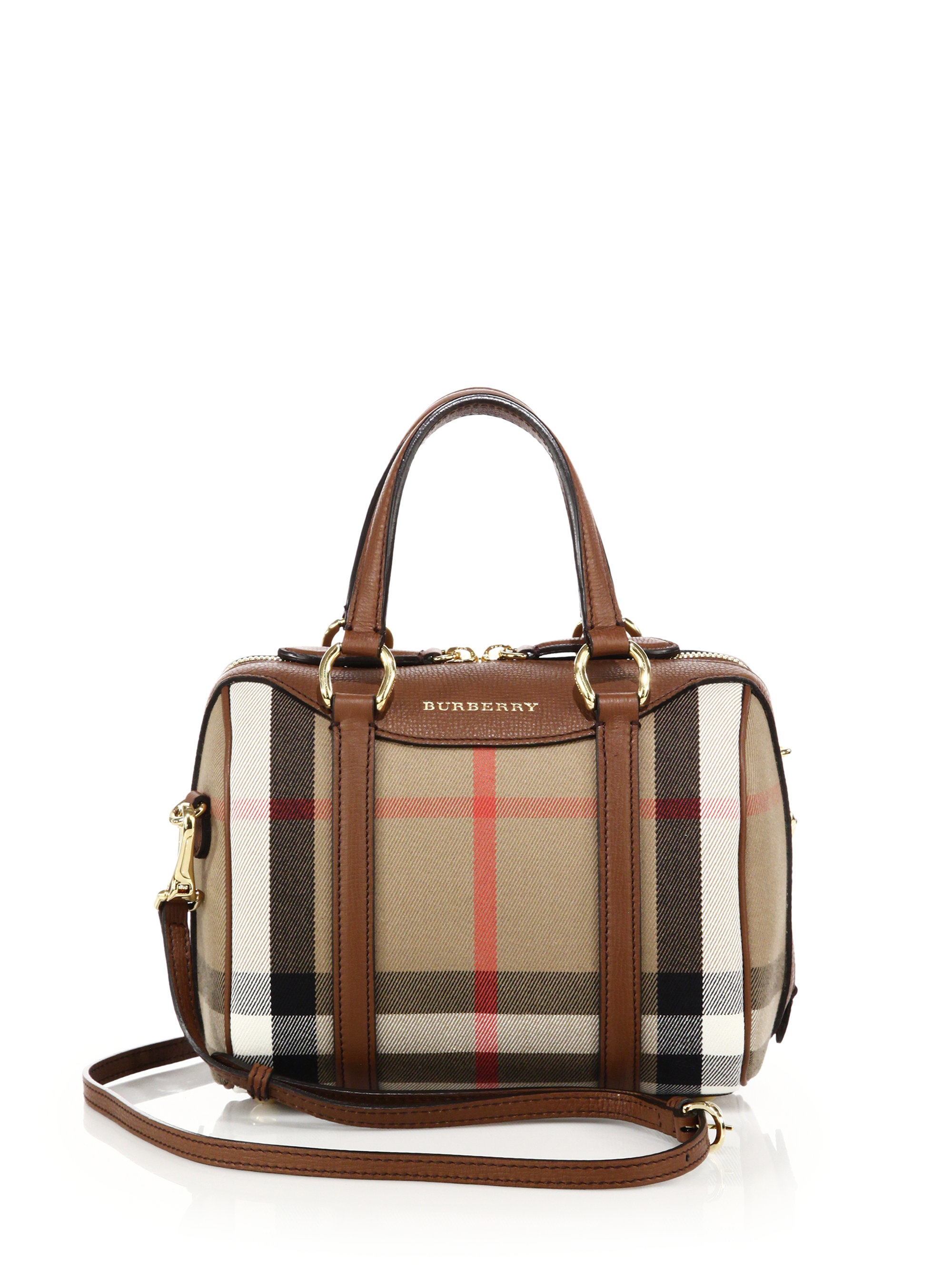 Lyst - Burberry Alchester Small House Check Cotton & Leather Bowler Bag ...