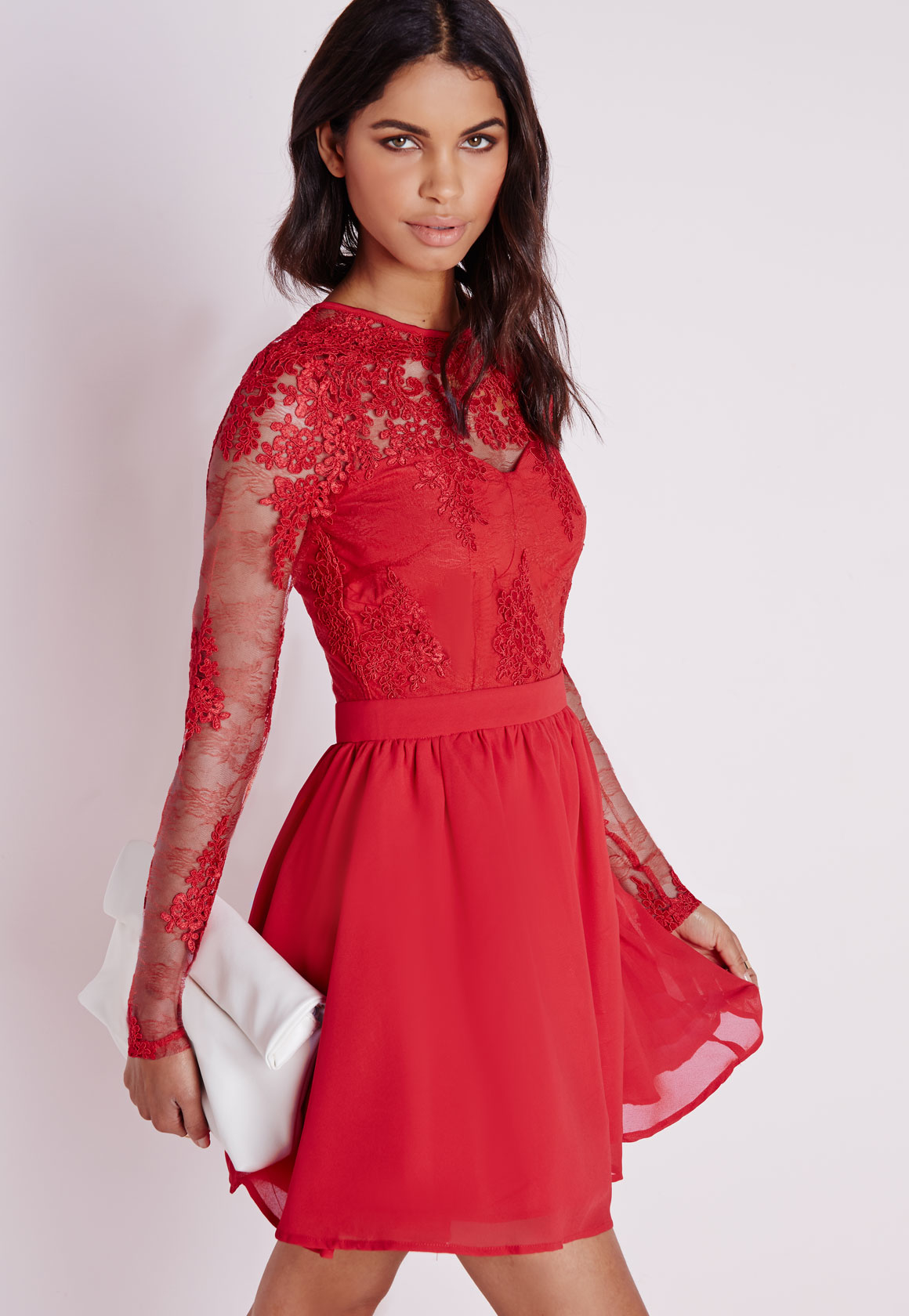 Missguided Premium Lace Long Sleeve Skater Dress Red - Lyst