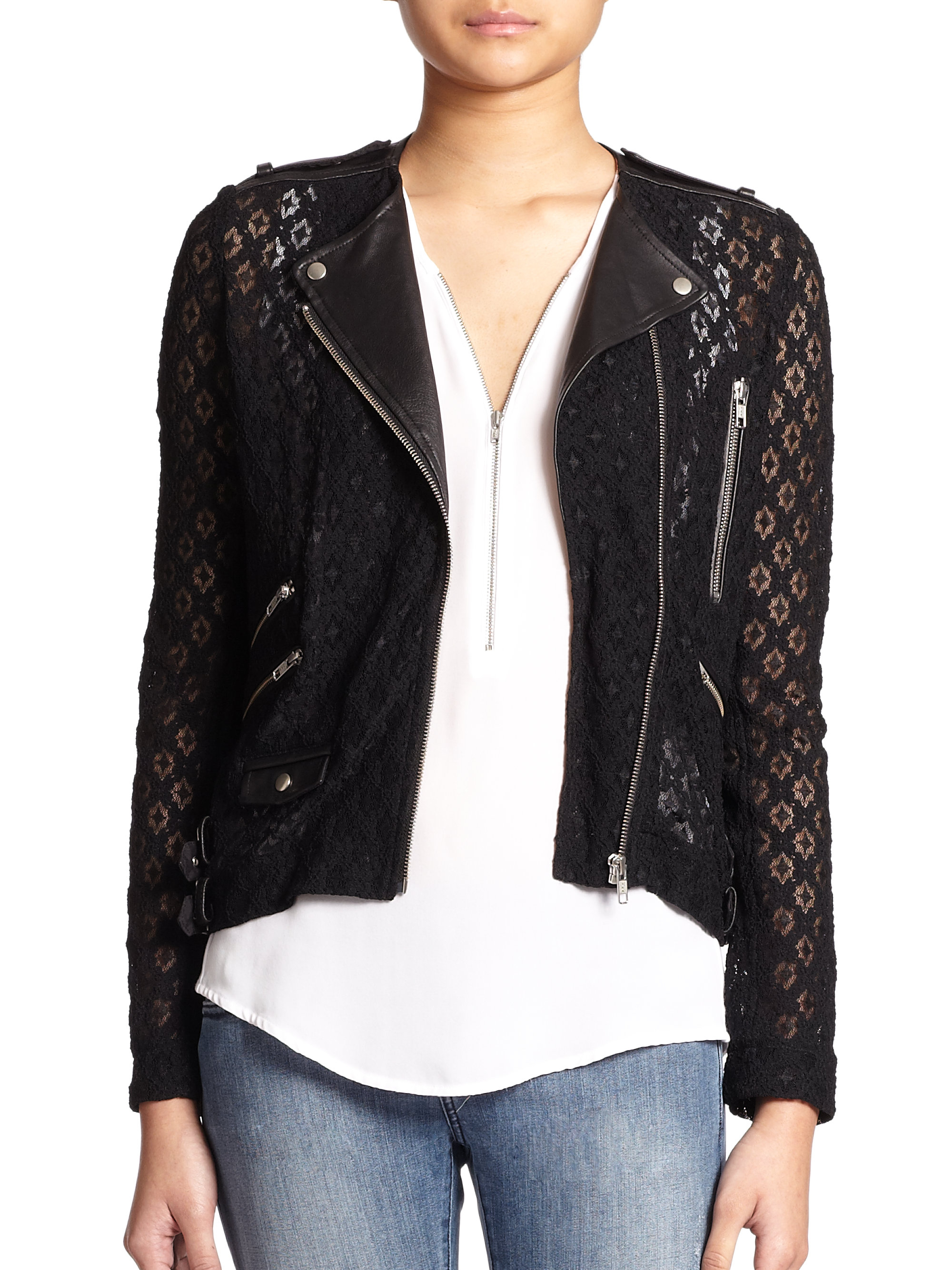 Lyst The Kooples Lace Leather Moto Jacket In Black Gallery