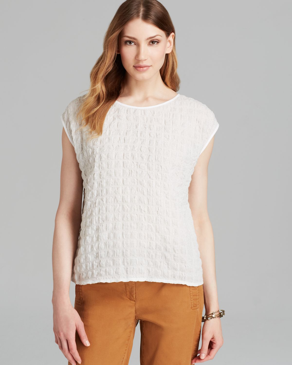 Lyst Eileen Fisher Boat Neck Cap Sleeve Top in White