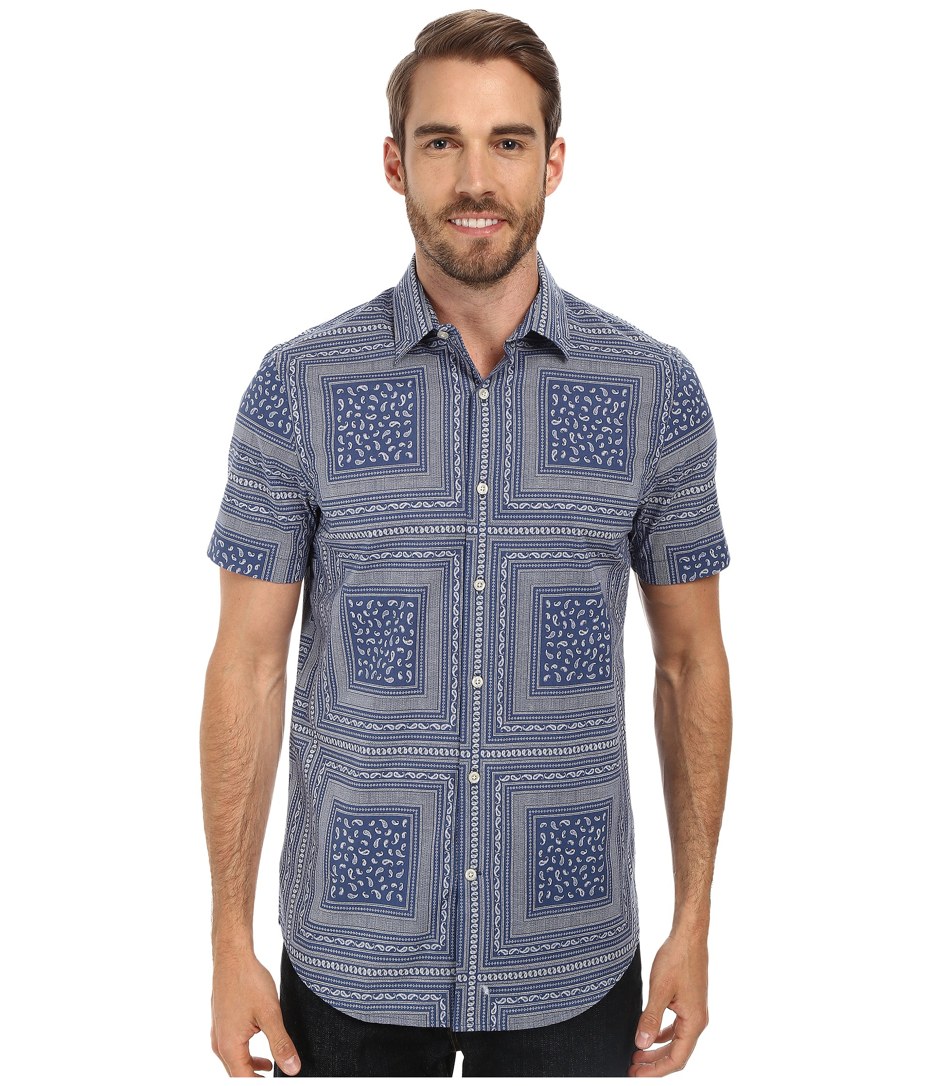 Perry ellis Short Sleeve Paisley Print Shirt in Blue for Men | Lyst