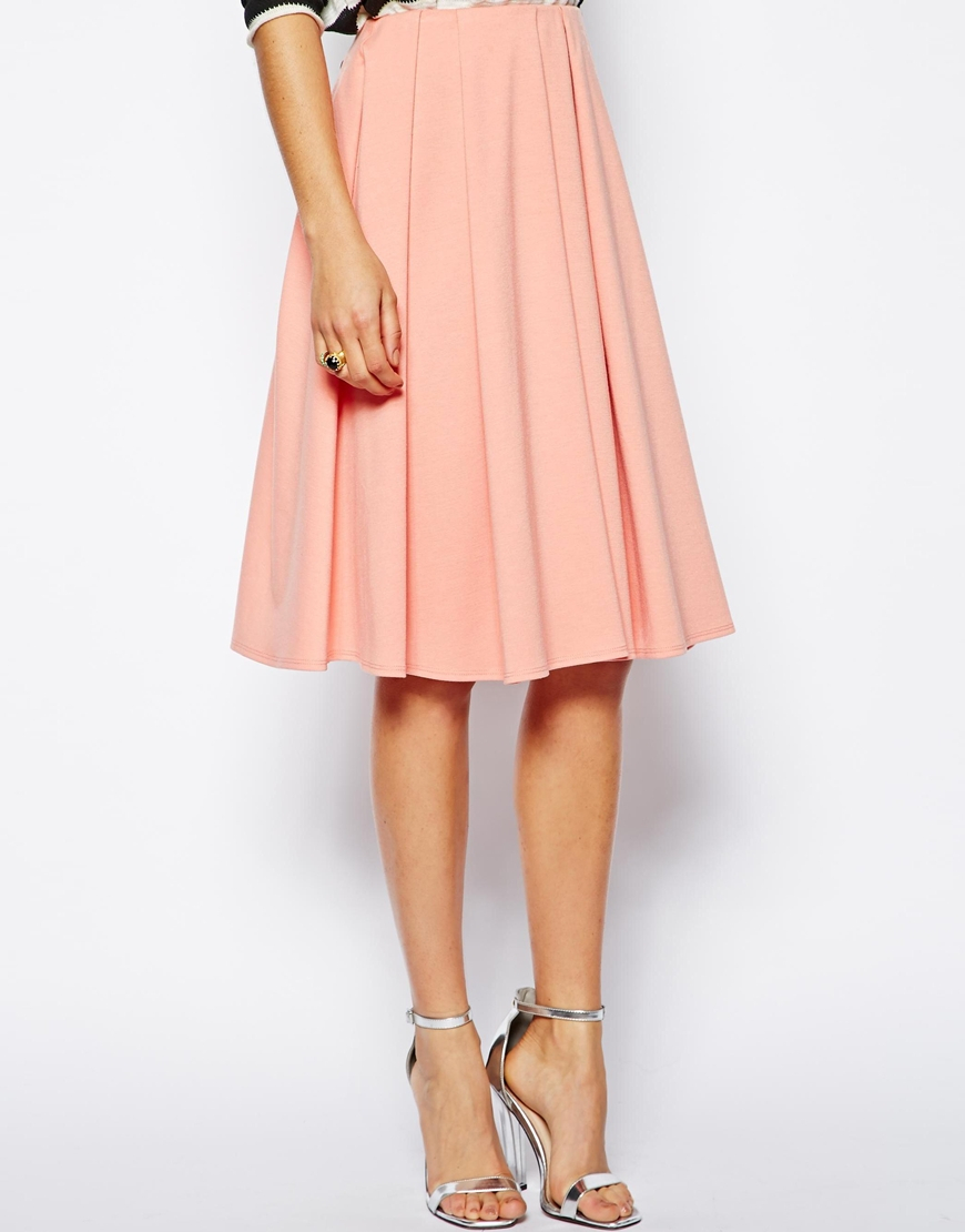 ASOS Midi Skirt In Ponte With Bold Pleats in Peach (Pink) - Lyst