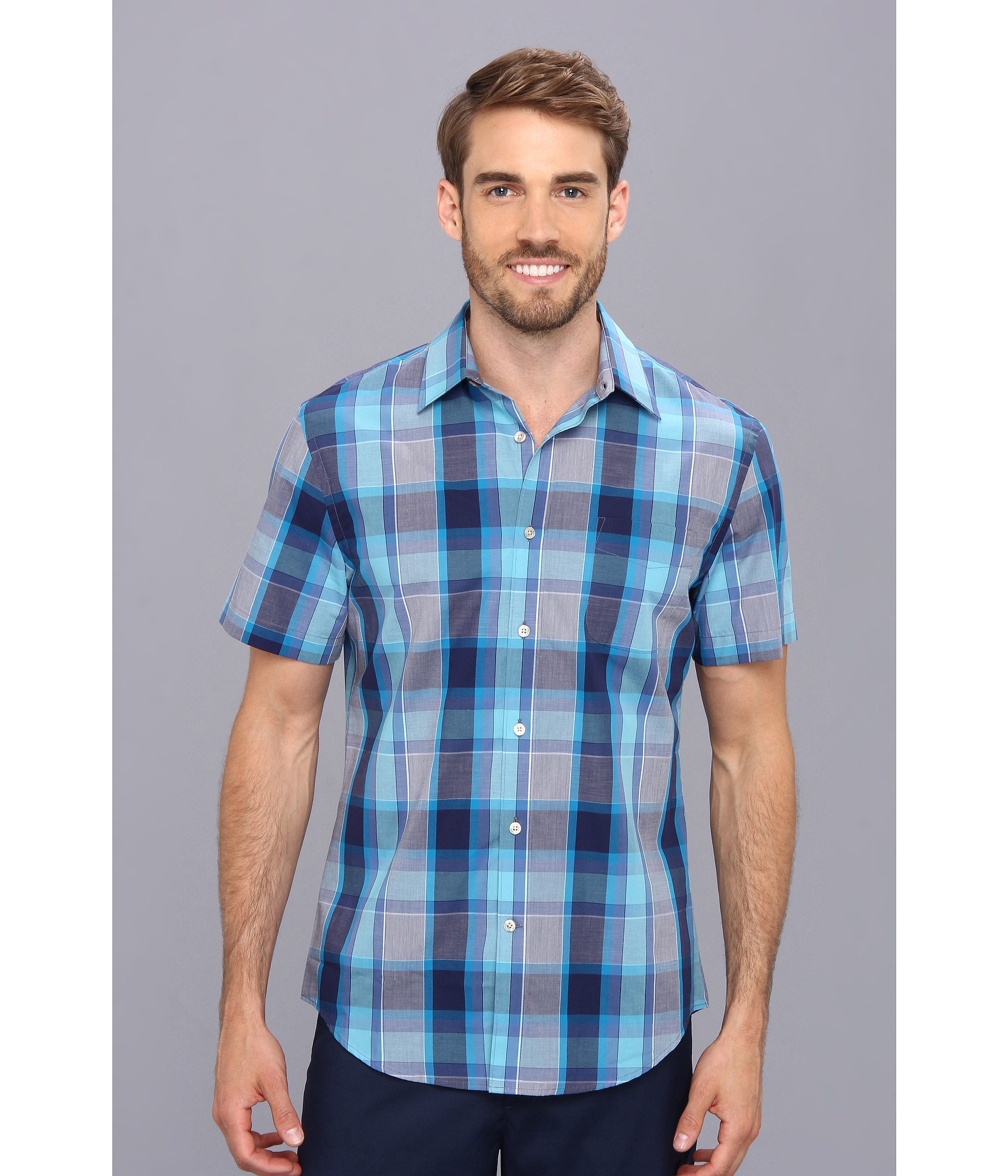 Perry ellis Short Sleeve Chambray Plaid Shirt in Blue for Men (Mosaic Blue) | Lyst