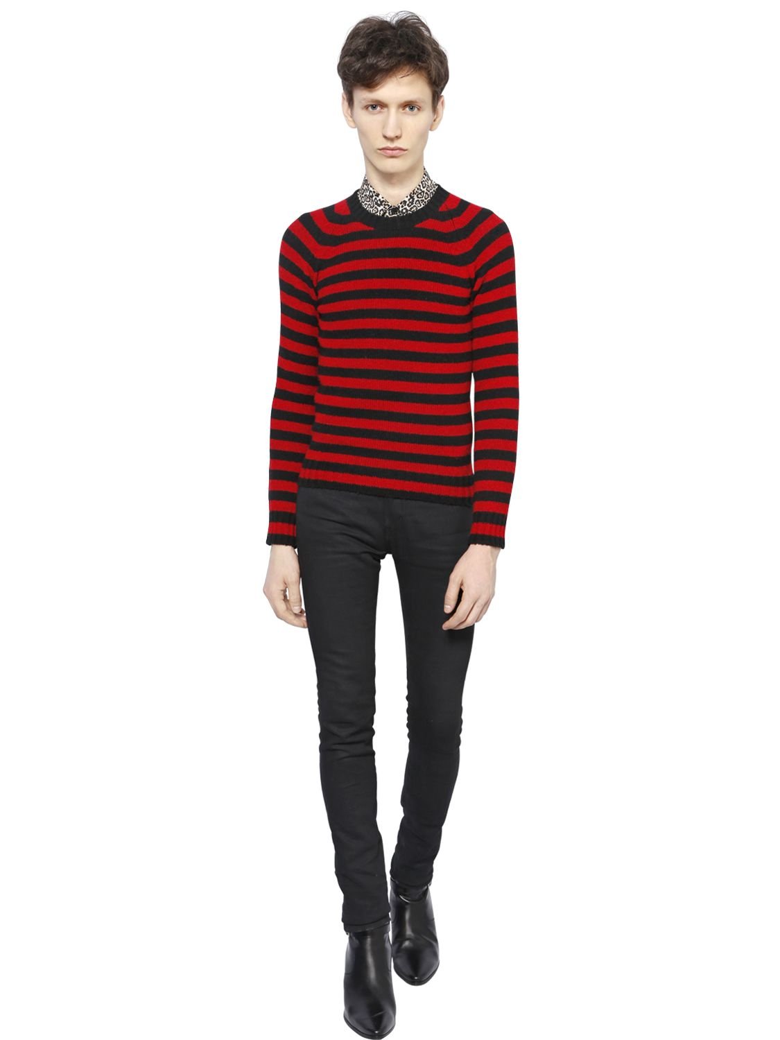 Saint Laurent Striped Shetland Wool Sweater in Red/Black (Red) for Men |  Lyst