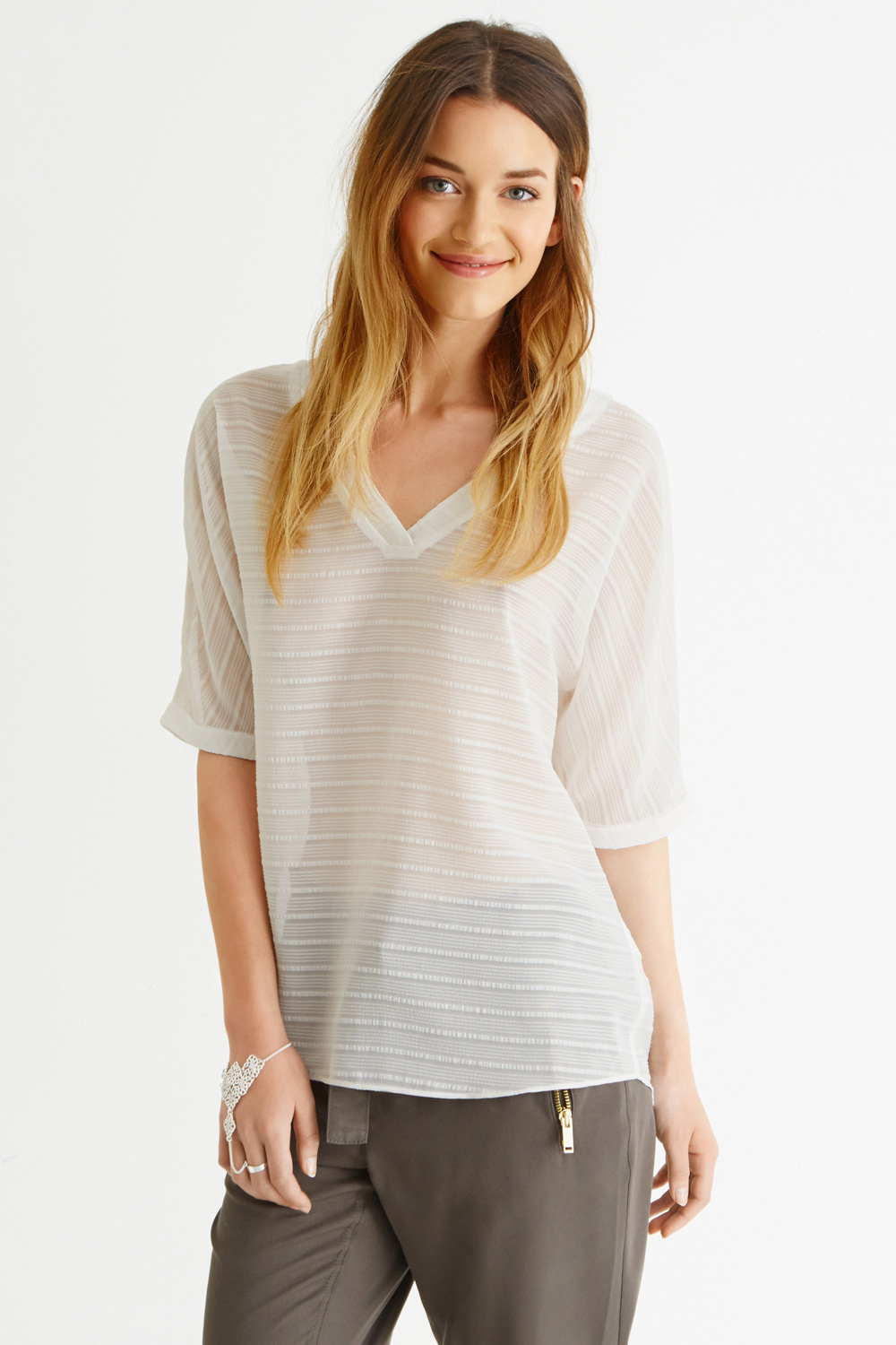 Oasis Sheer  Stripe Notch Neck Blouse  in White Lyst