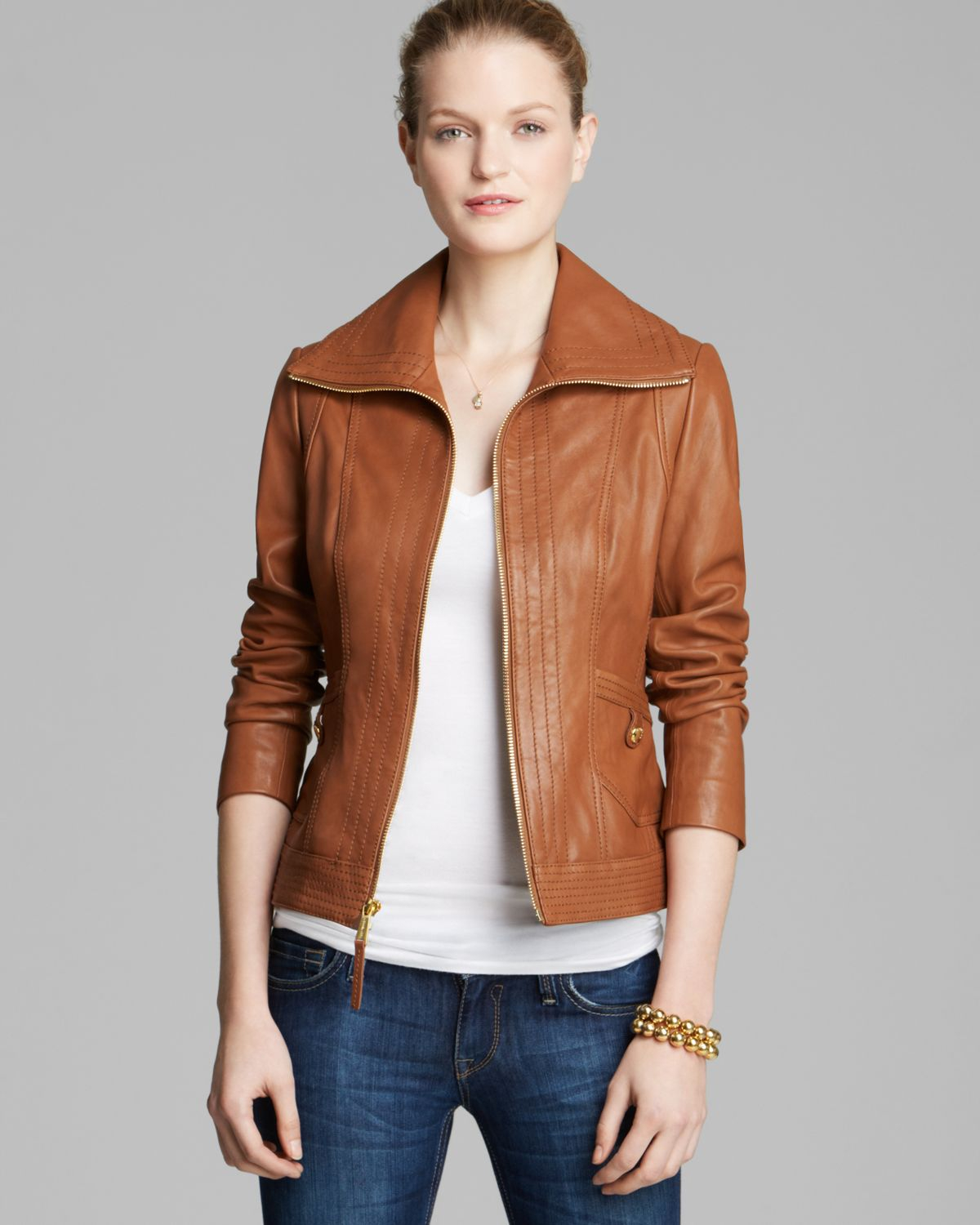 Kors By Michael Brown Zip Front Leather Scuba Jacket