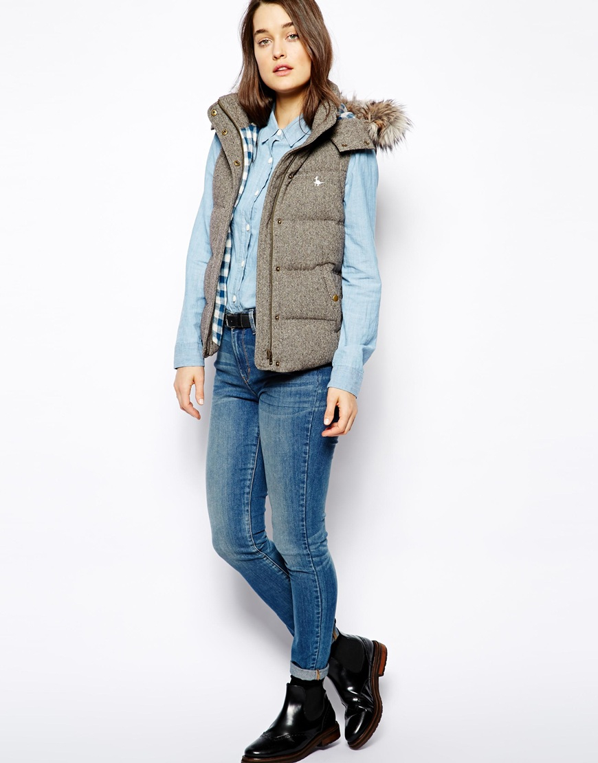 Jack Wills Gilet with Faux Fur Trimmed Hood in Gray - Lyst