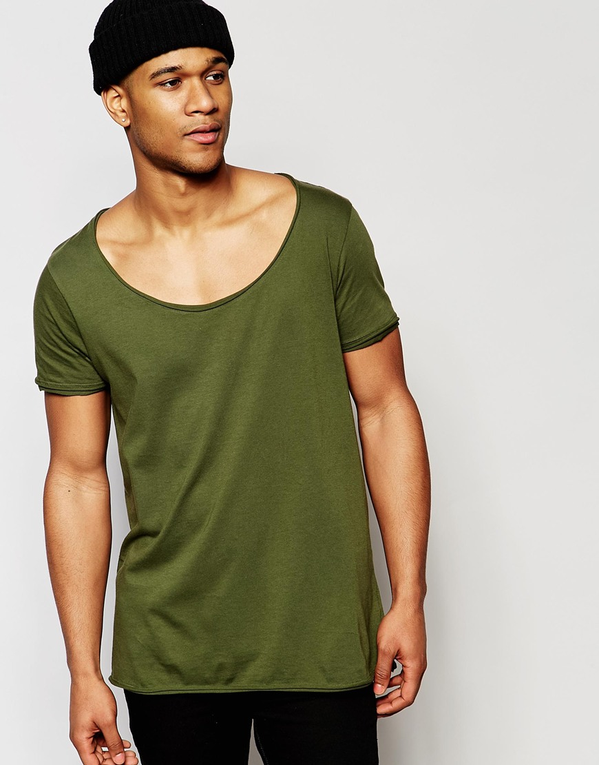 ASOS Longline T-shirt With Wide Scoop Neck And Raw Edge In Green