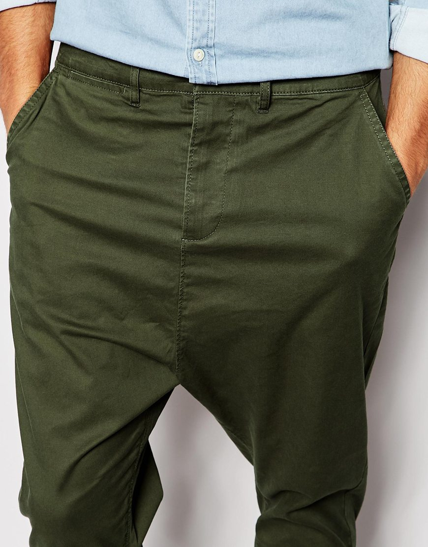 ASOS Drop Crotch Chinos In Dark Khaki in Green for Men | Lyst