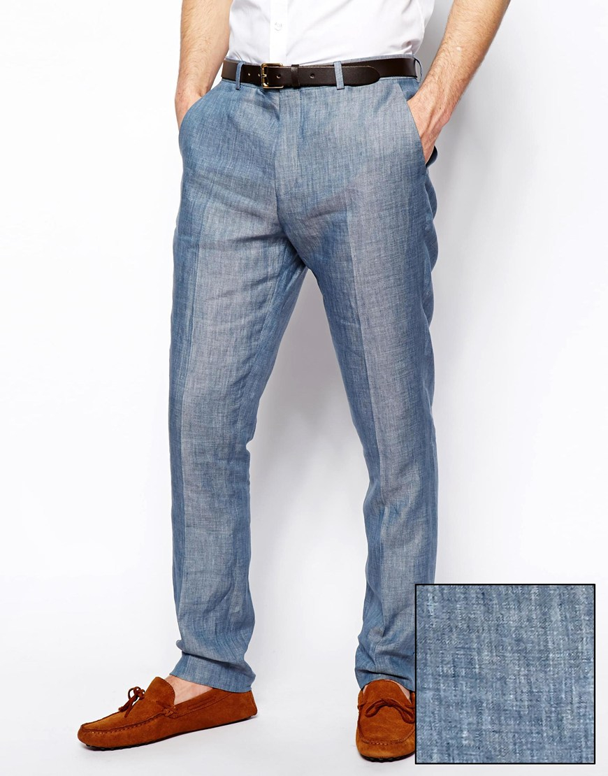 ASOS Slim Fit Suit Trousers In 100% Linen in Blue for Men - Lyst