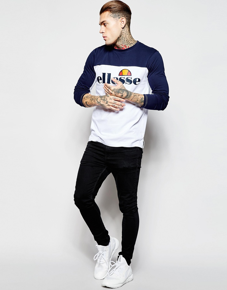 Ellesse Cotton Panelled Long Sleeve Tshirt in White (Blue) for Men Lyst