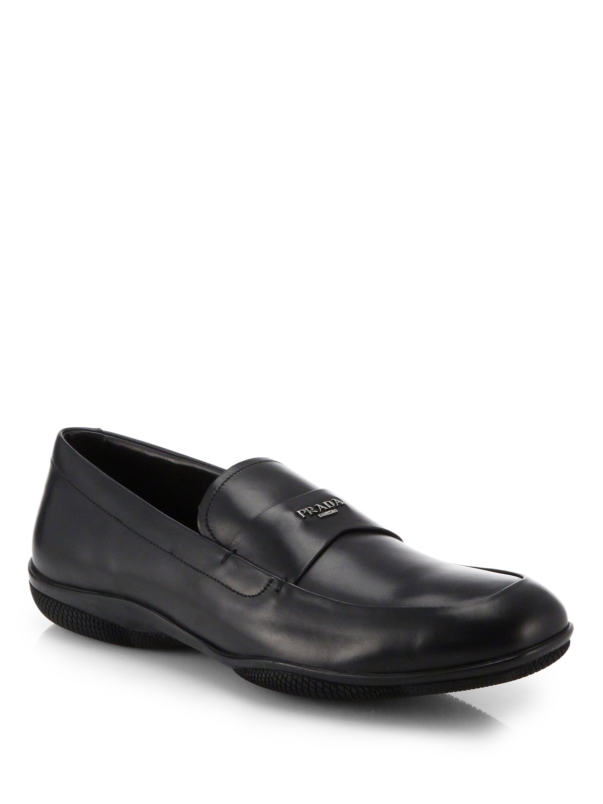 prada mens loafer lyst prada leather logo loafers in black for prada mens loafer lyst prada leather logo loafers in black for