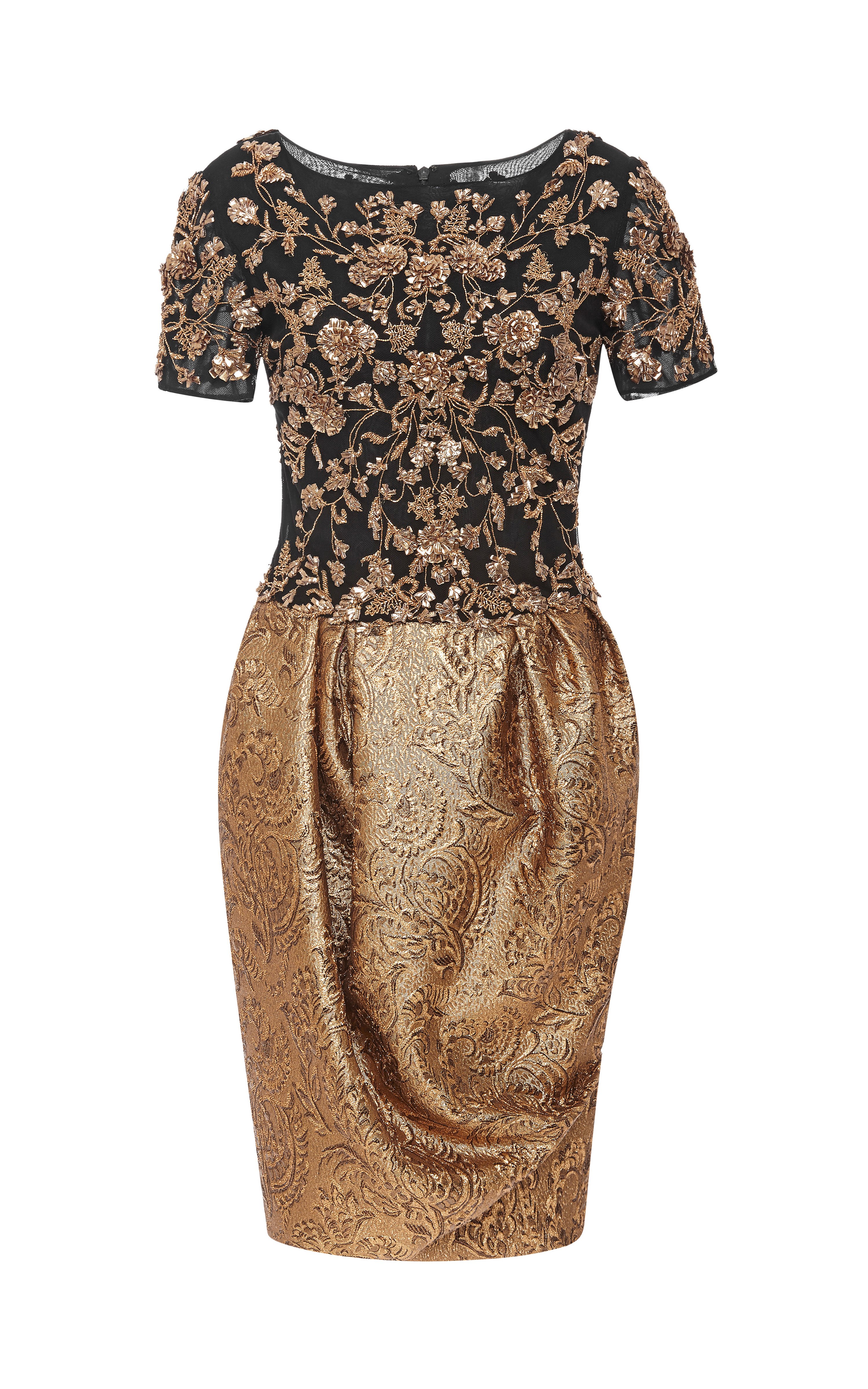 Marchesa Embroidered Short Sleeve Cocktail Dress with Metallic Brocade ...