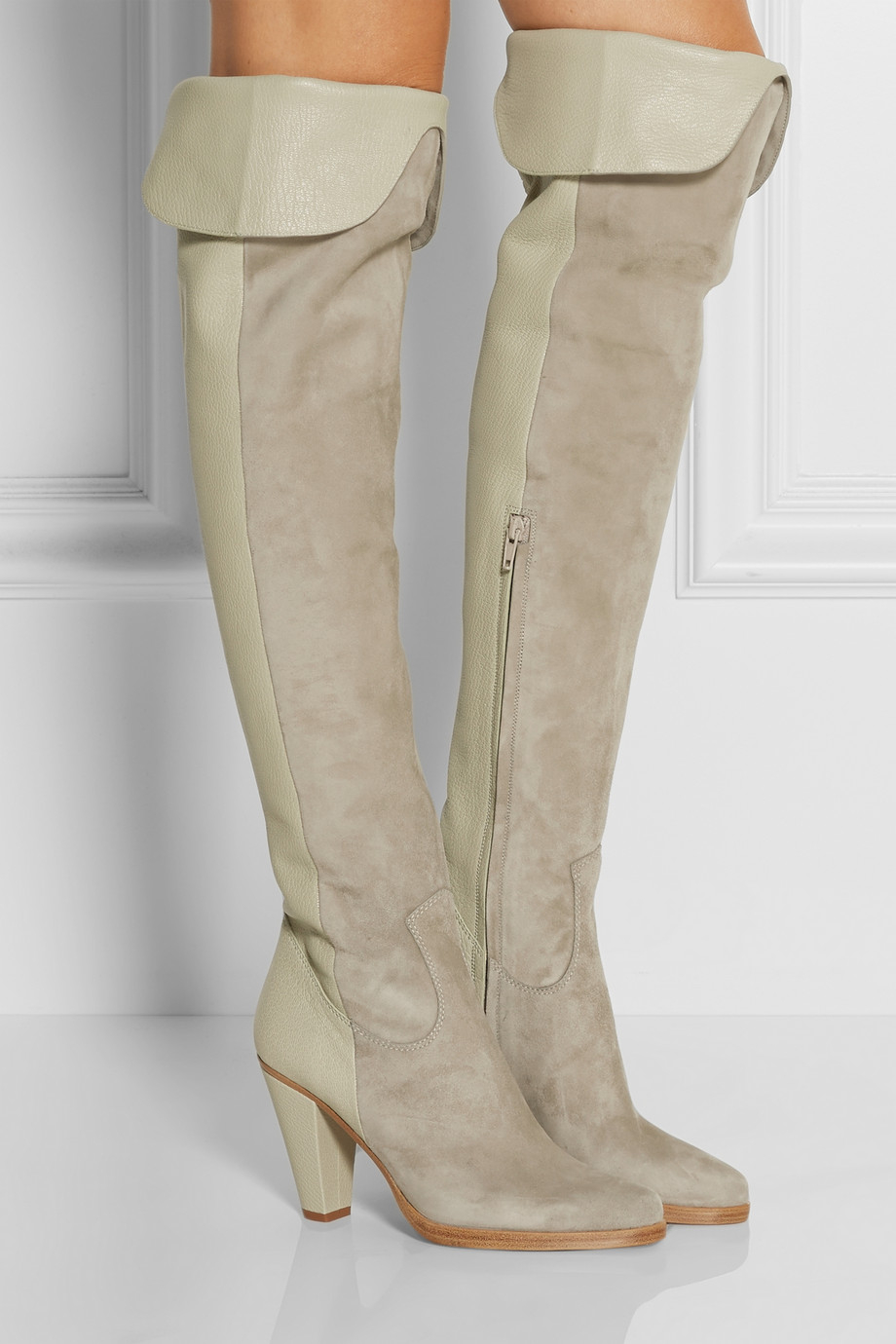 Chloé Suede And Textured-Leather Over-The-Knee Boots in Gray - Lyst