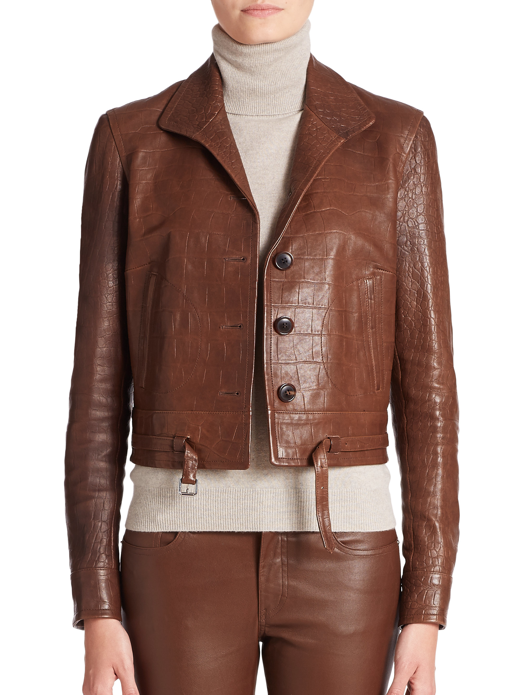 Women S Brown Black Label Marissa Croc Embossed Leather Jacket