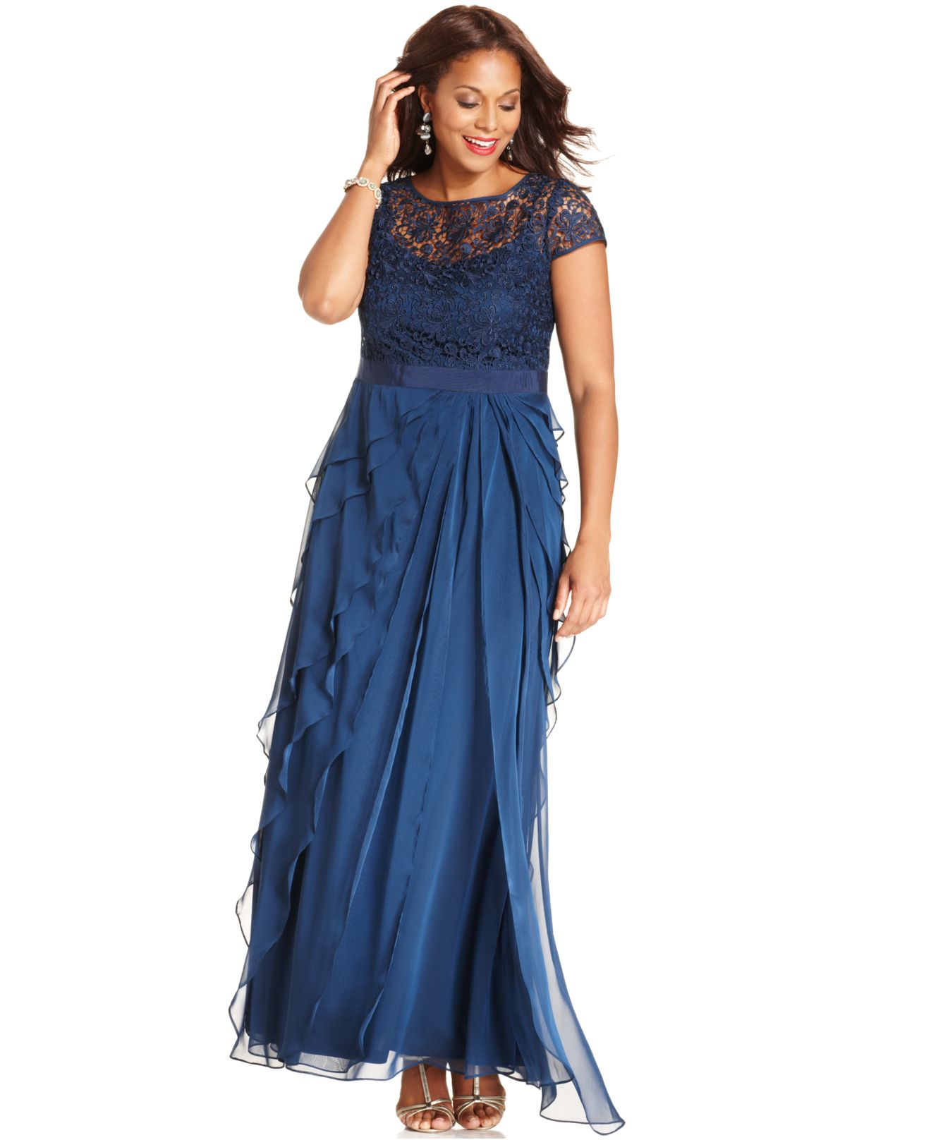 Adrianna Papell Plus Size Cap-sleeve Lace Tiered Gown in Navy (Blue) - Lyst