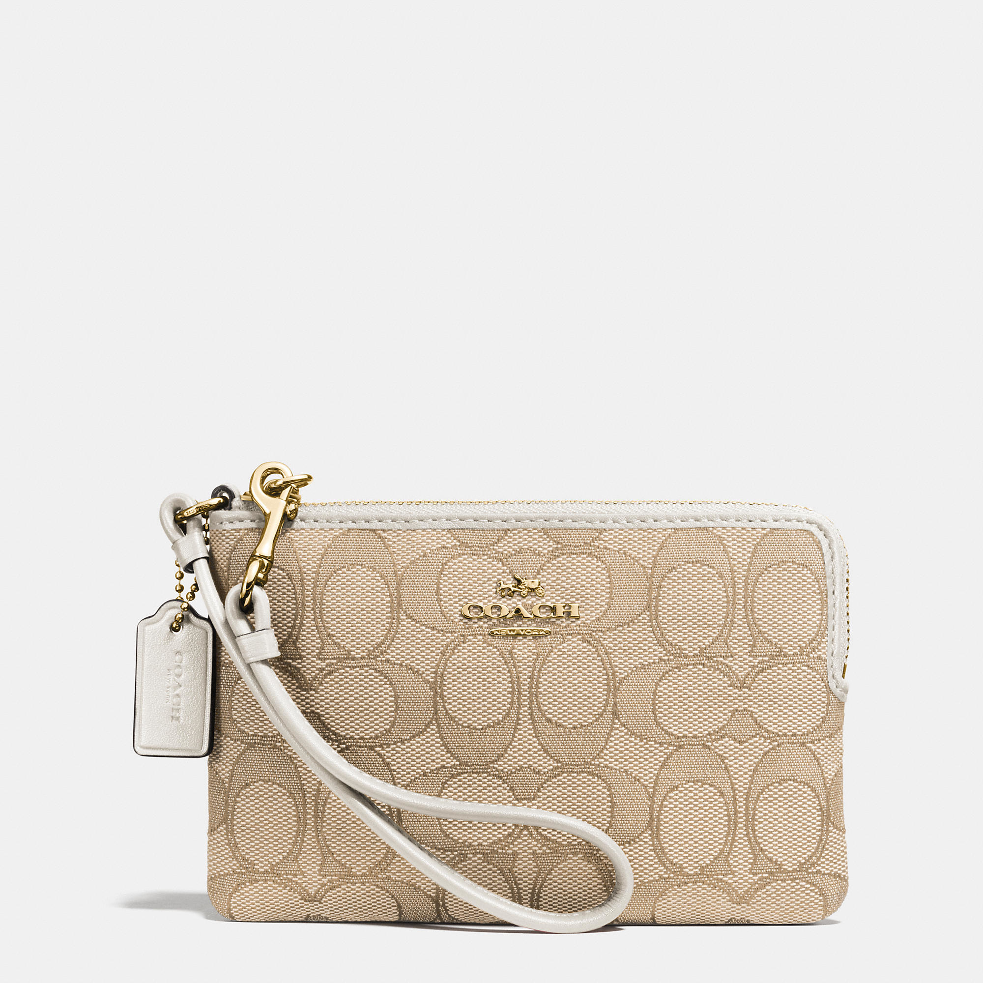 COACH Canvas Corner Zip Wristlet In Signature Fabric in Light Gold/Light Khaki/Chalk (Metallic ...