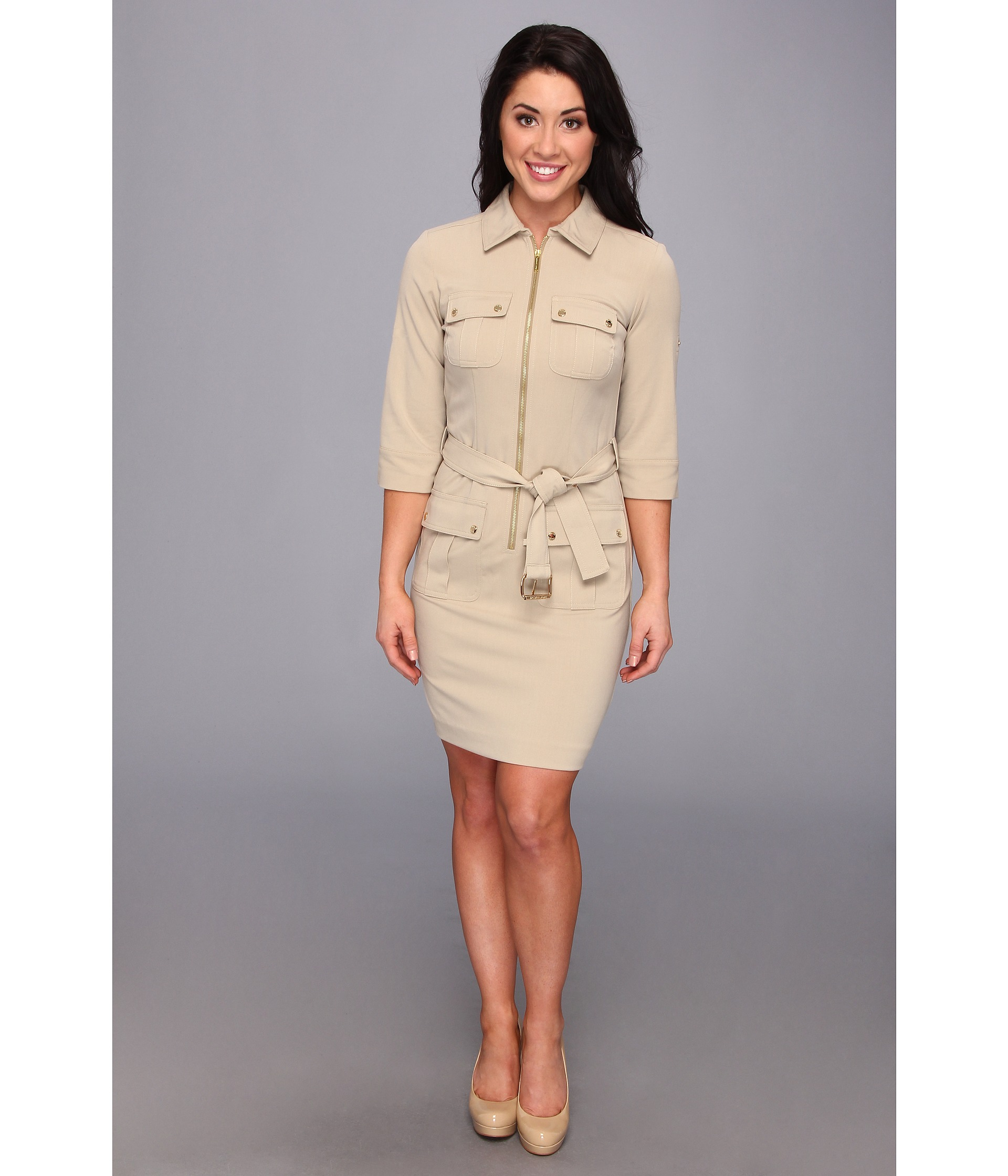 MICHAEL Michael Kors Petite Roll Sleeve Belted Shirt Dress in Natural | Lyst