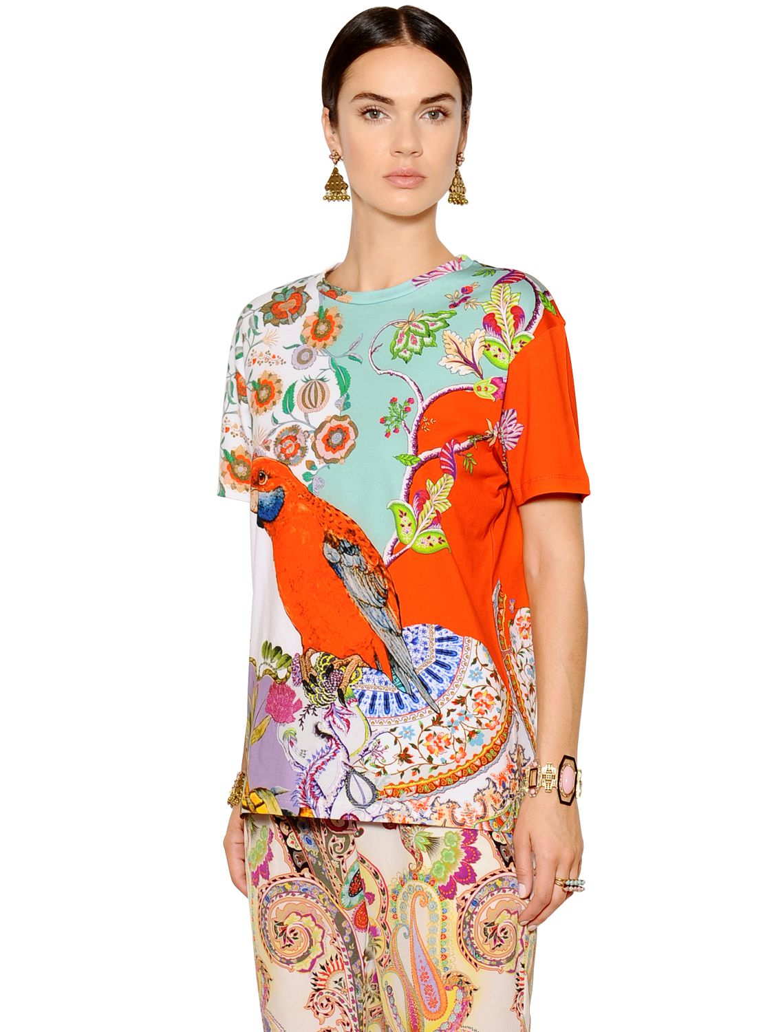 etro floral bird print cotton jersey t shirt lyst etro floral bird print cotton jersey t shirt lyst