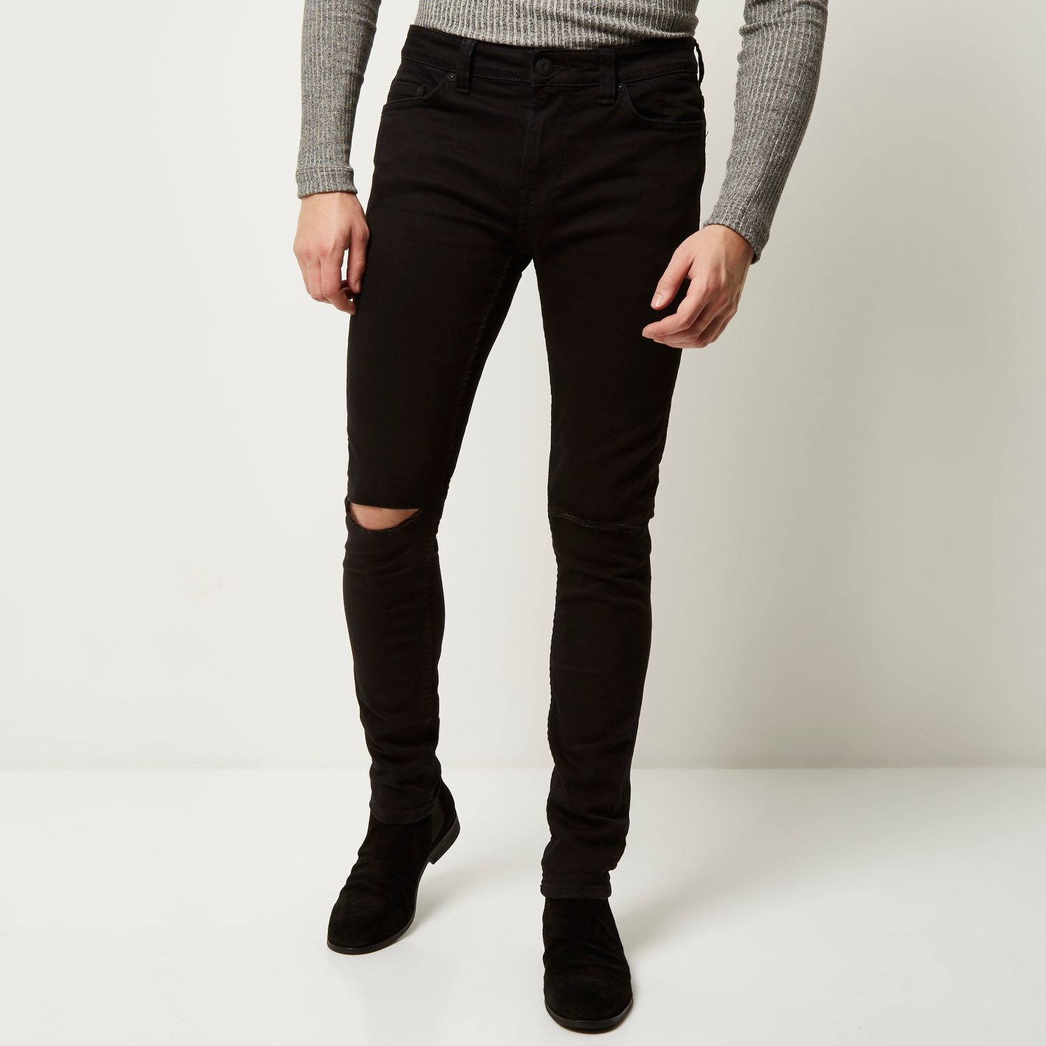 river island mens black ripped skinny jeans