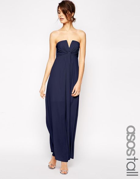 Asos Tall Wedding Soft Notch Bandeau Maxi Dress in Blue (Navy)