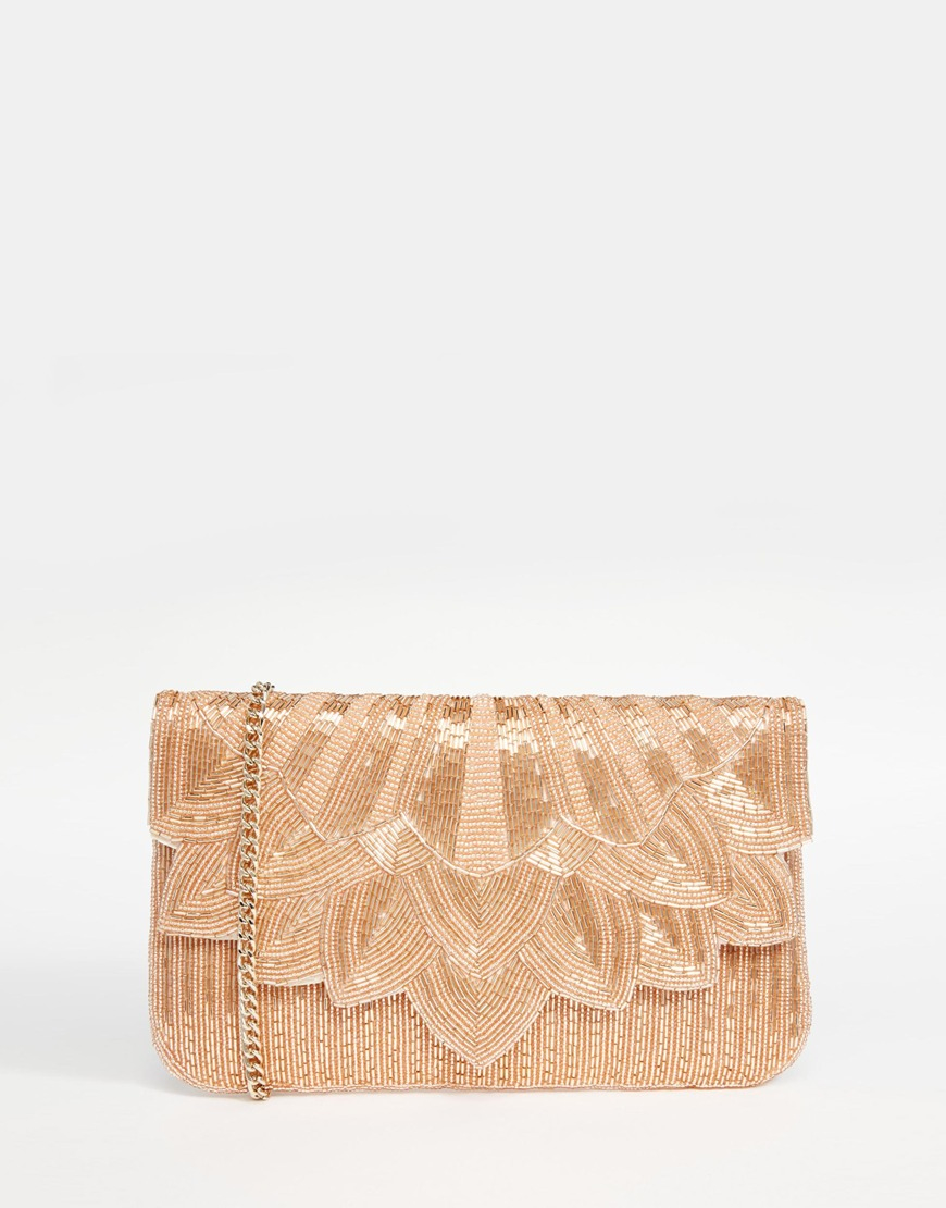 rose gold beaded clutch bag