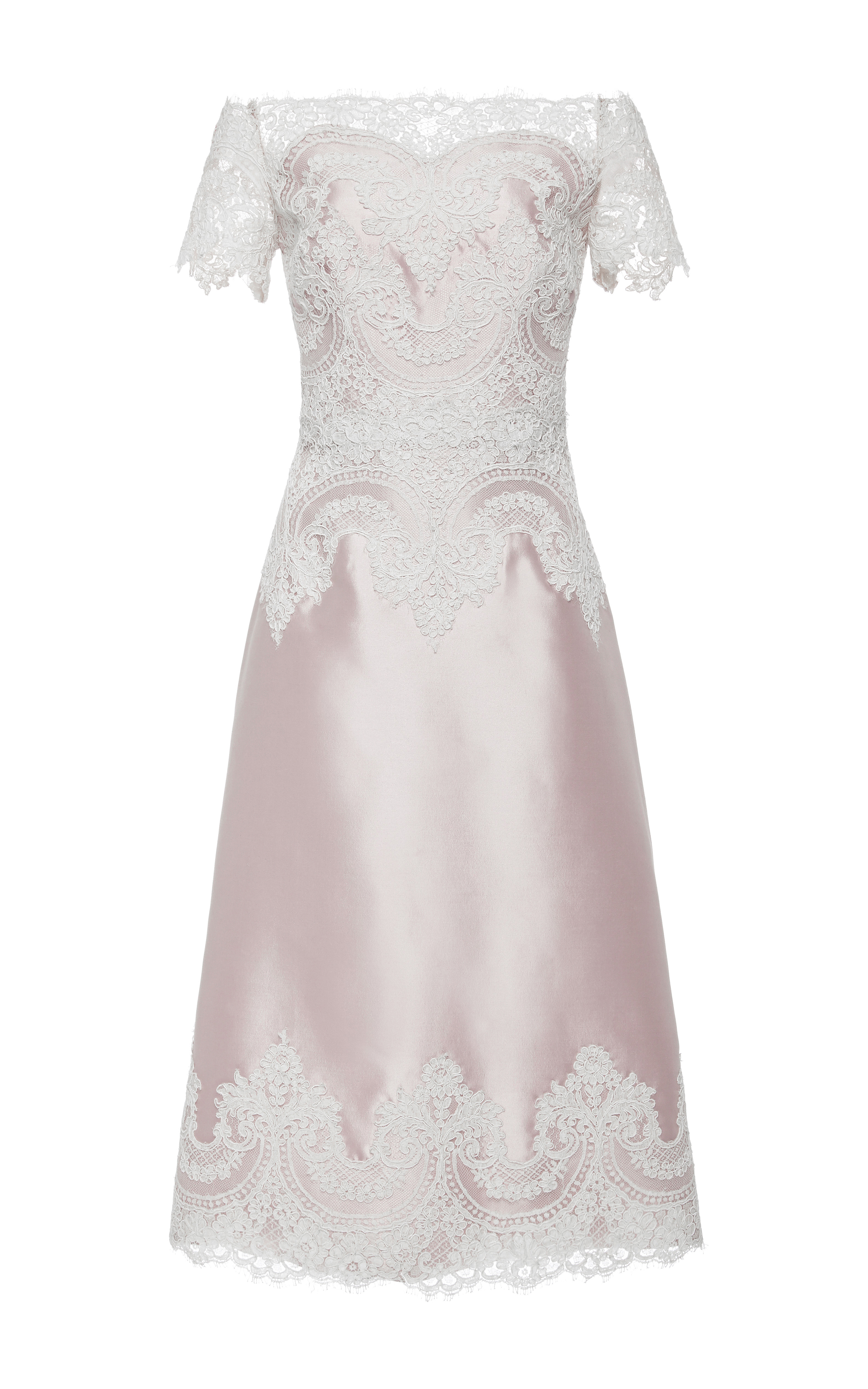 Marchesa Blush Silk Wool Cocktail Dress with Engineered Lace Trim in