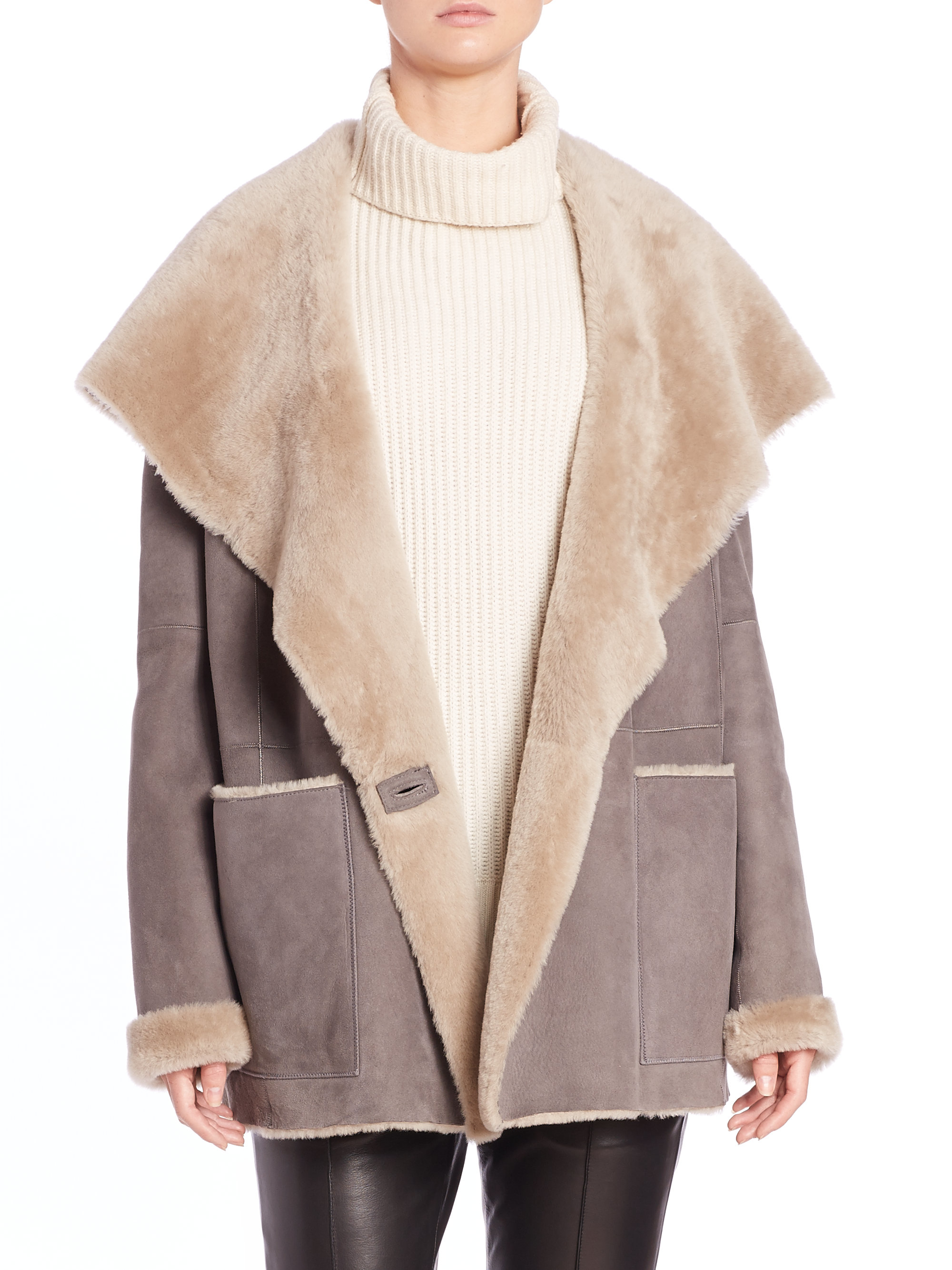 Vince Leather Hooded Shearling Coat in Grey (Gray) Lyst