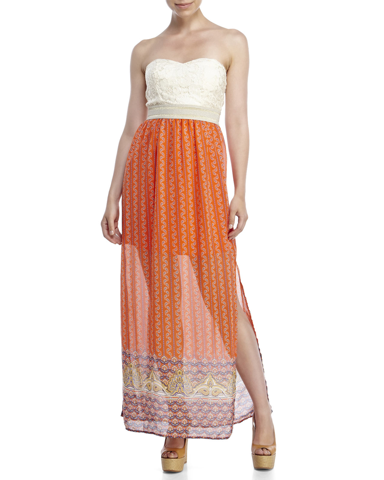 City triangles Strapless Paisley Print Maxi Dress in Orange | Lyst