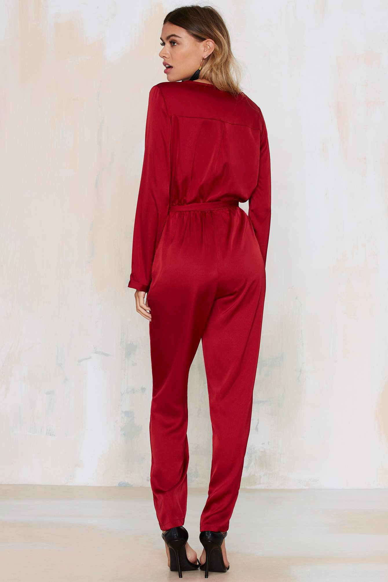 satin red jumpsuit