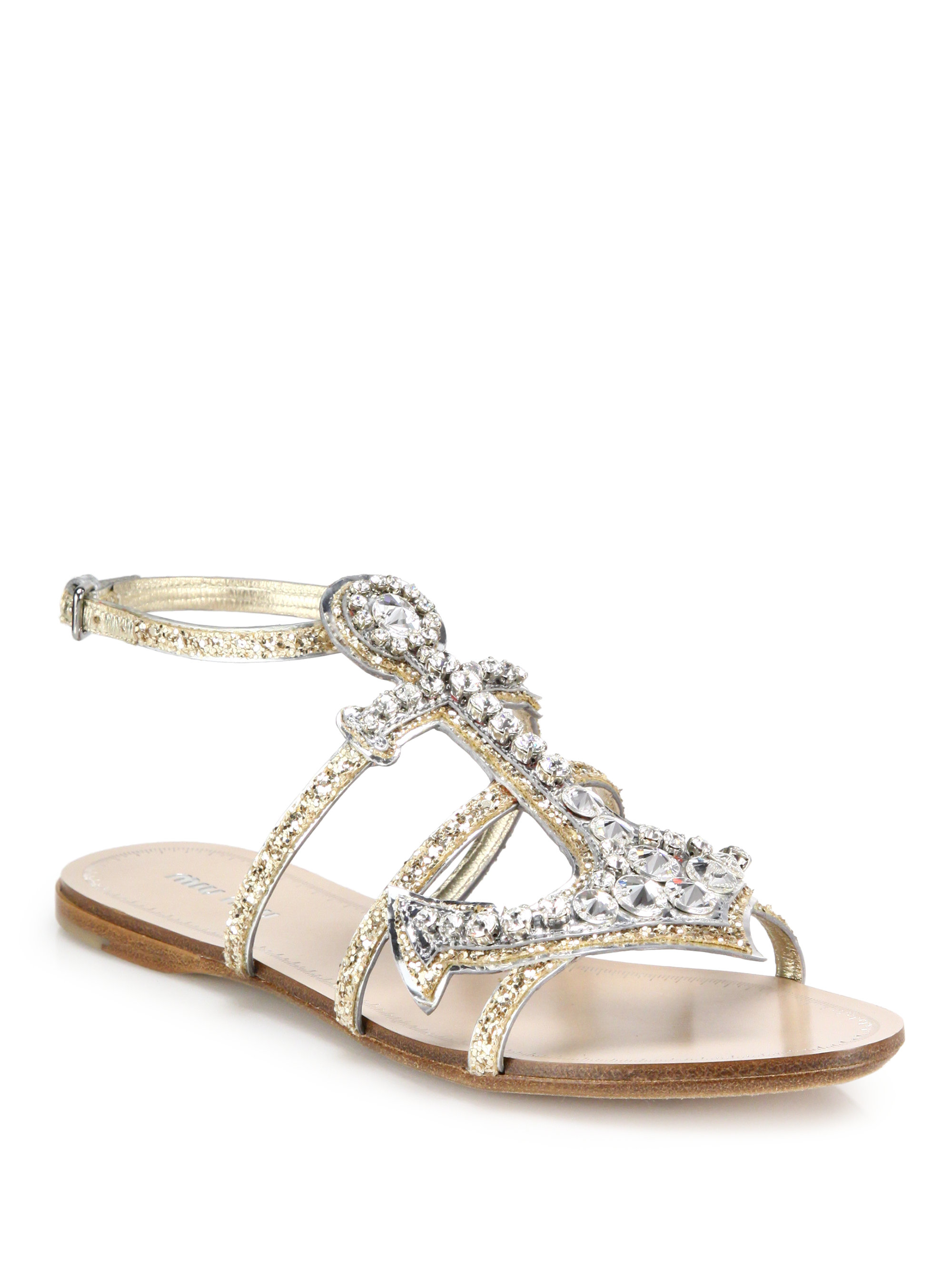 Miu Miu Leather Anchor Crystal Flat Sandals in Silver (Metallic) - Lyst