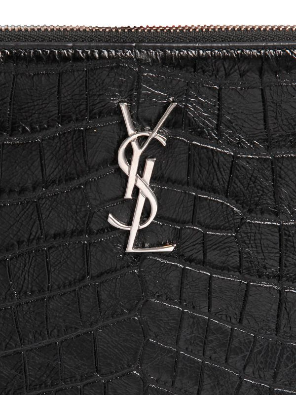 Saint laurent Monogram Croc Embossed Leather Clutch in Black | Lyst