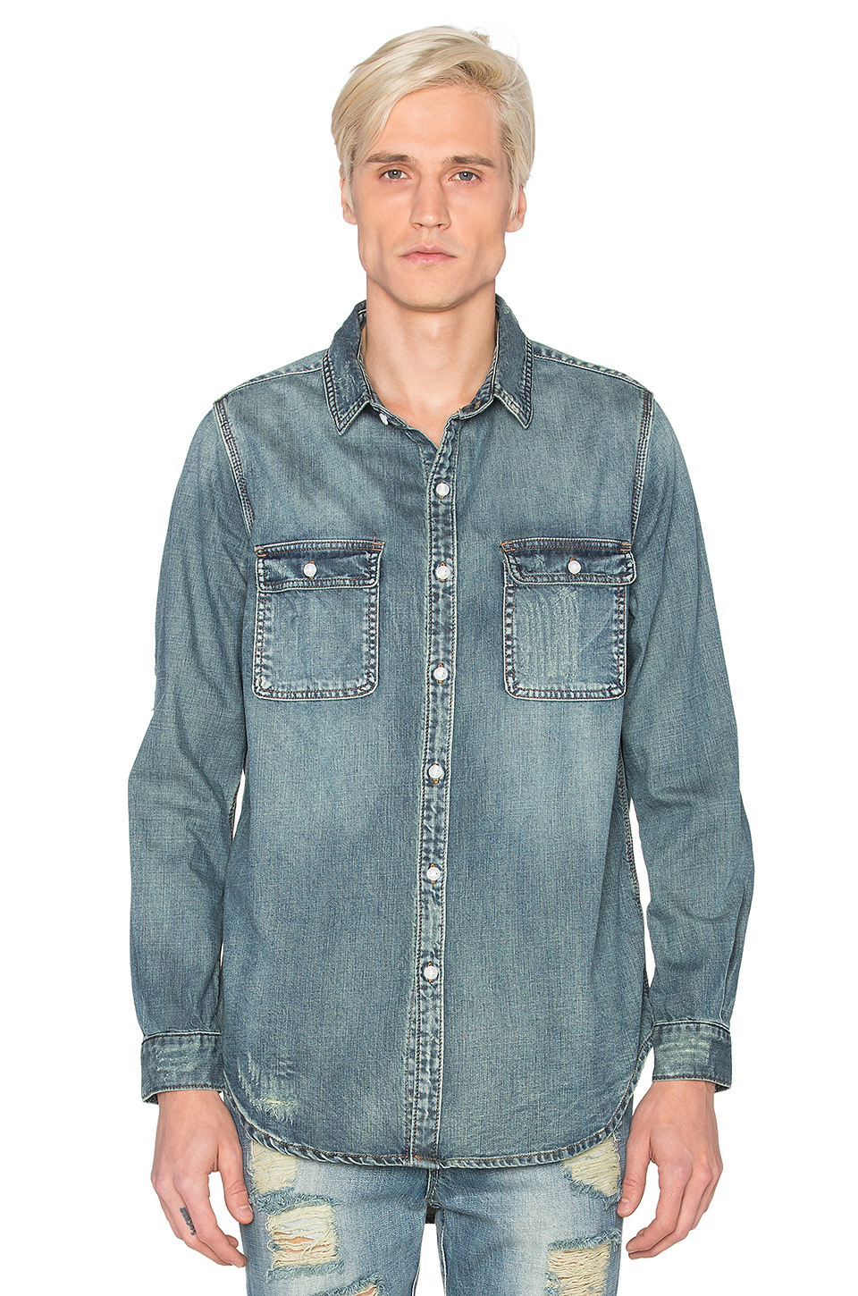 Stampd Distressed Denim Button Down in Blue for Men Lyst