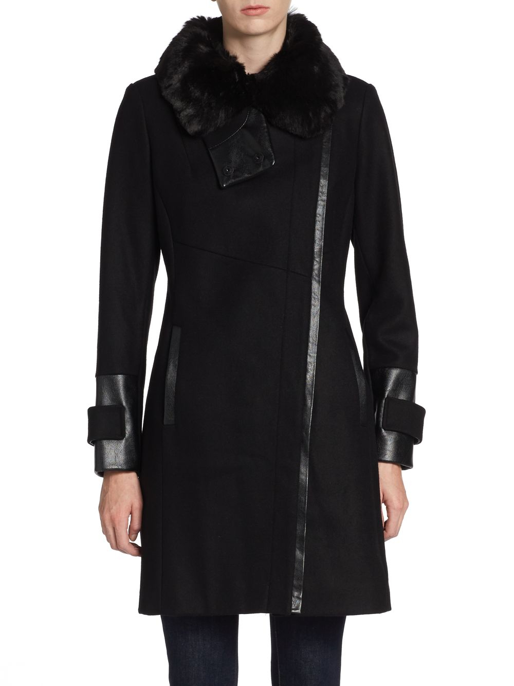 Via spiga Belted Faux Fur-trim Wrap Maxi Coat in Black | Lyst