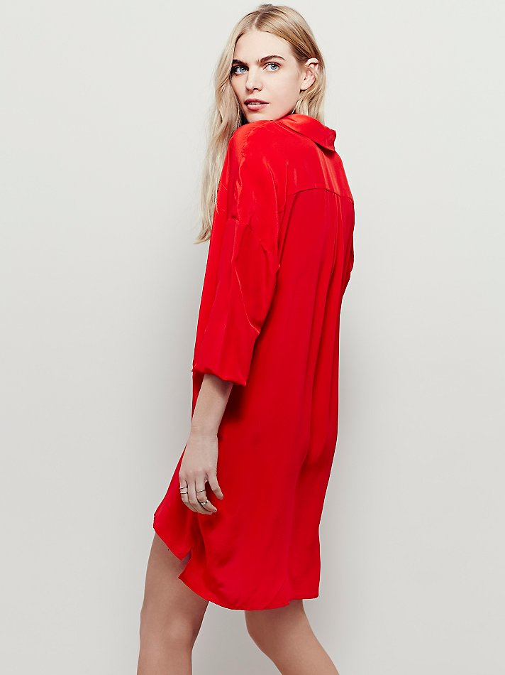 Free People Womens Silk Shirt Dress in Red