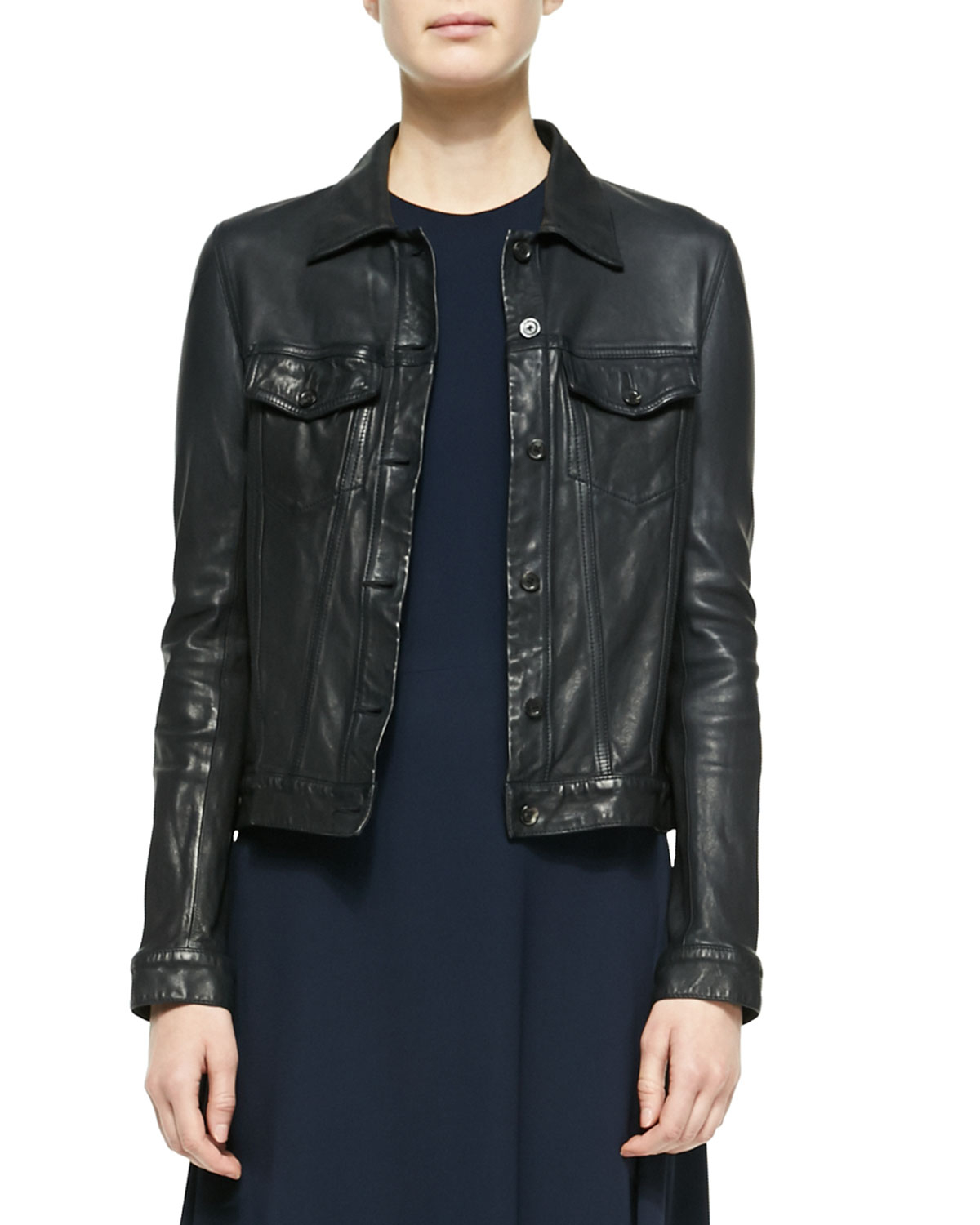 The row Washed Leather Trucker Jacket in Blue | Lyst