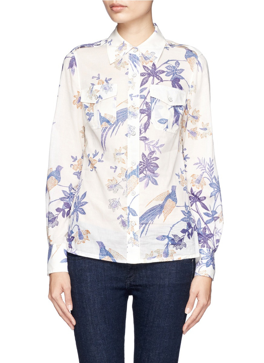 Tory Burch Brigitte Plant And Bird Print Cotton Blouse in Blue - Lyst