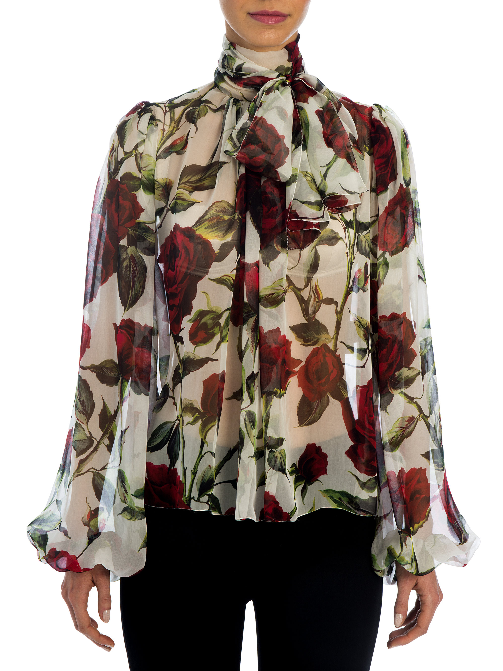 Dolce & Gabbana Rose Silk Chiffon Tie-neck Blouse in Red | Lyst