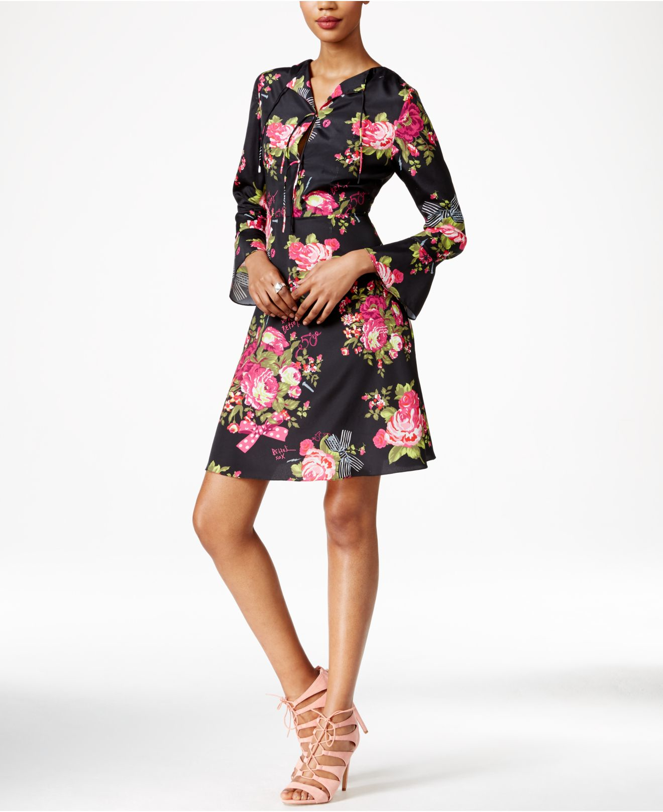 Betsey Johnson Synthetic Bell Sleeve Floral Print Peasant Dress In Black Lyst