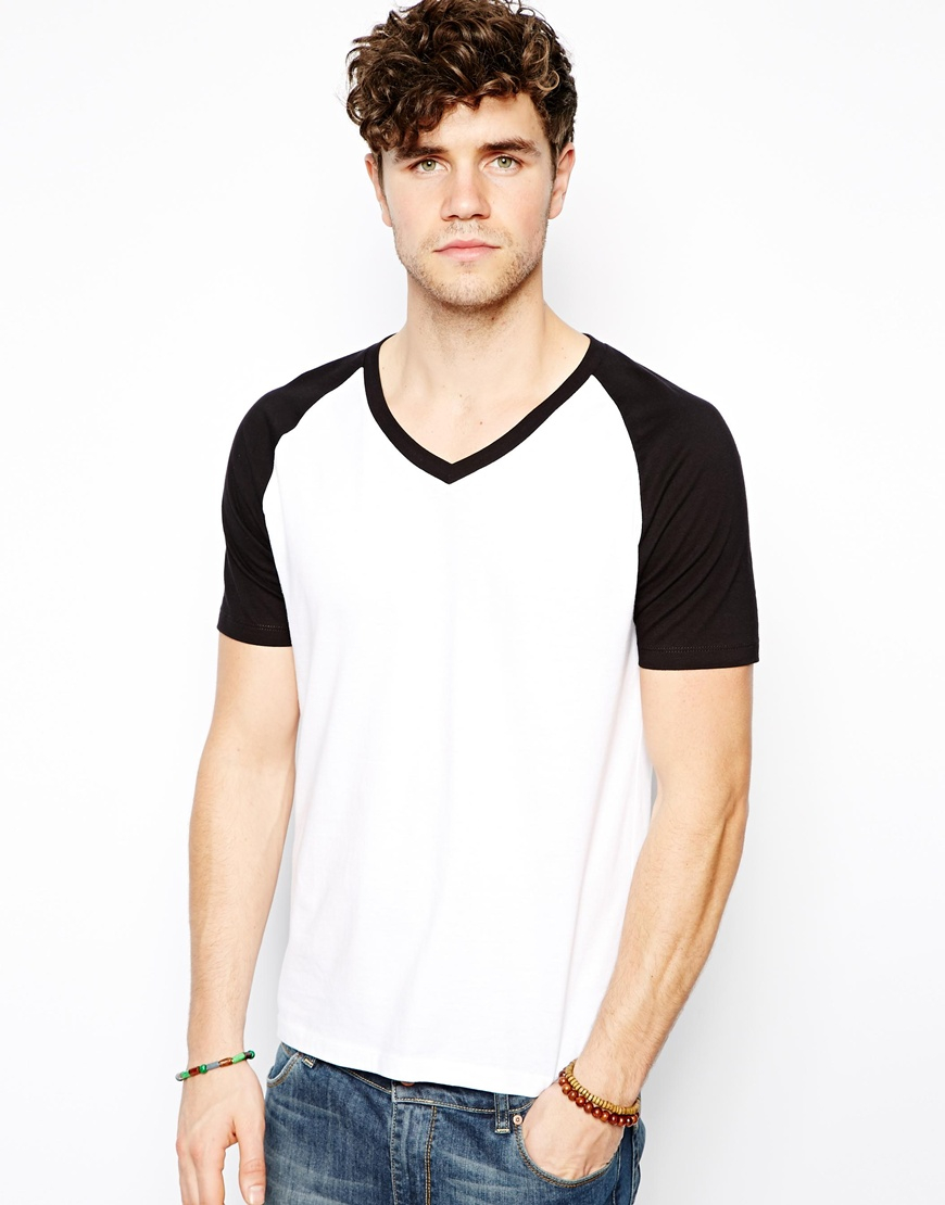 Download Lyst - ASOS Tshirt with V Neck and Contrast Raglan Sleeves ...