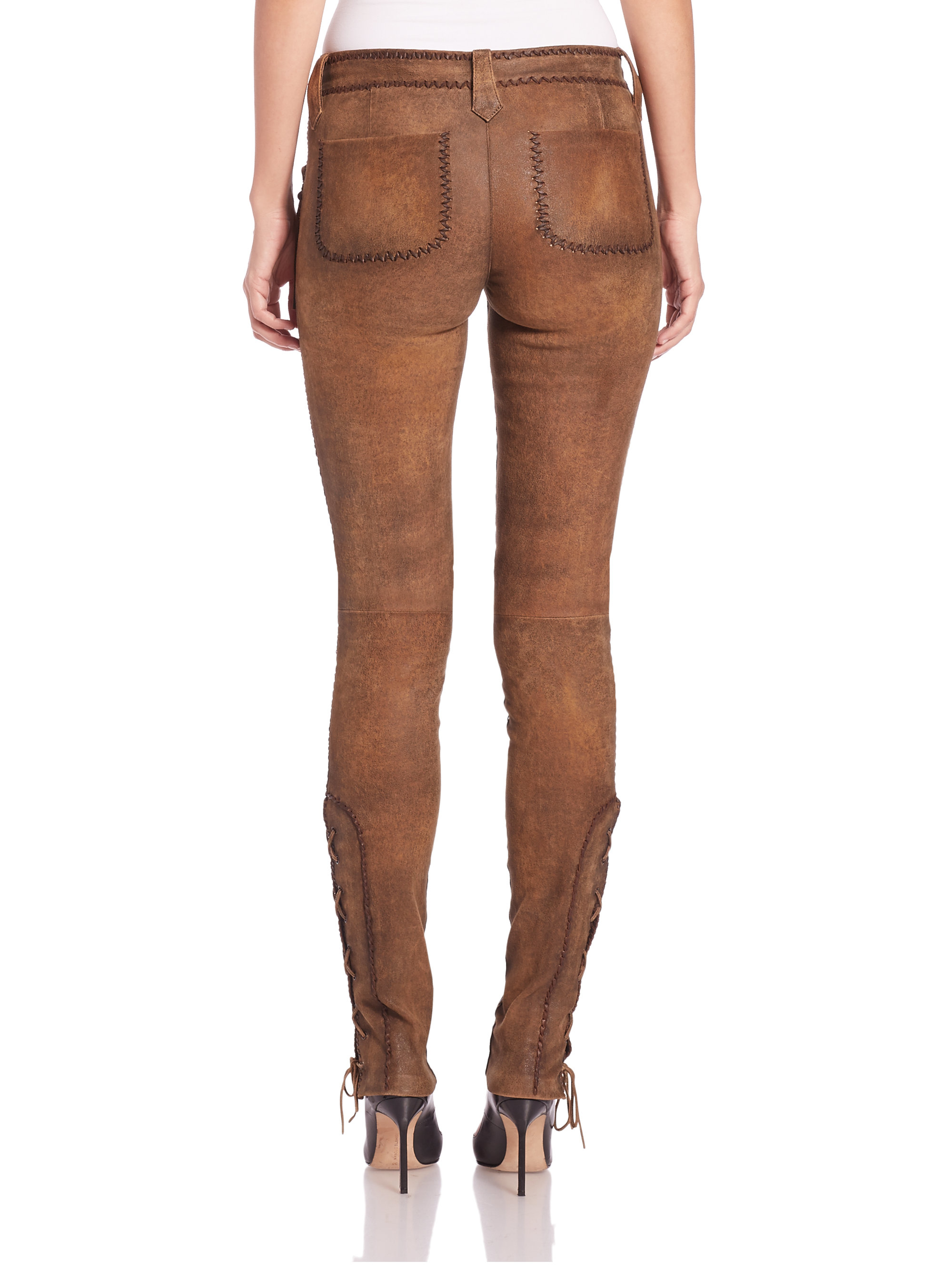 Polo Ralph Lauren Fringed Stretch Leather Pants in Brown | Lyst