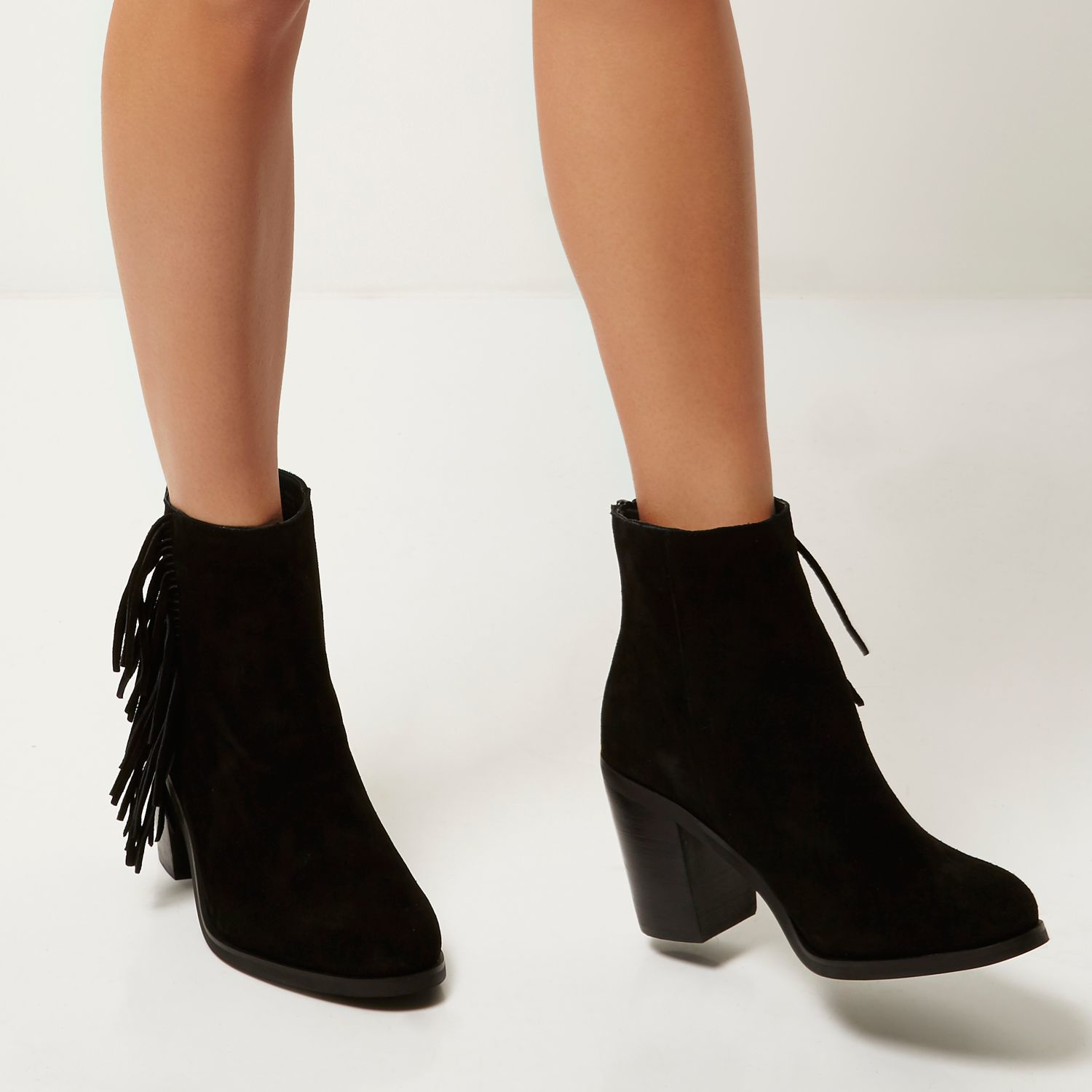 River Island Black Suede Fringed Ankle Boots - Lyst