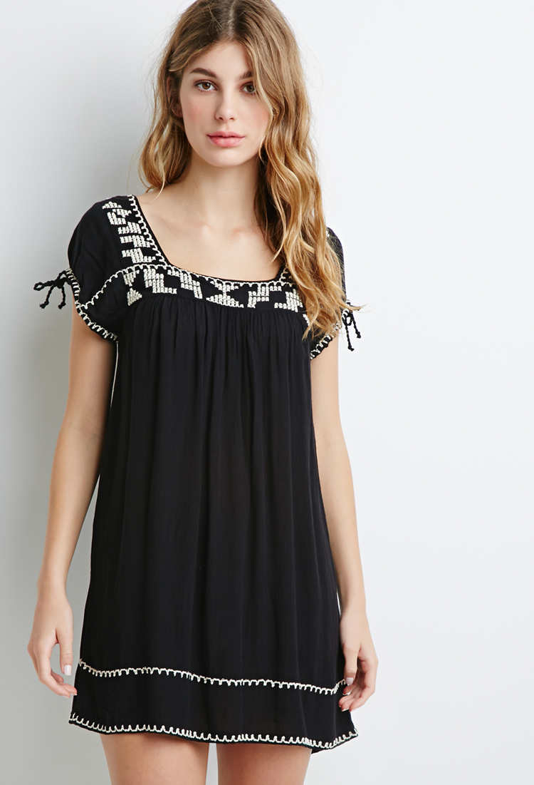 Forever 21 Embroidered Gauze Shift Dress in Black (Black/cream) Lyst