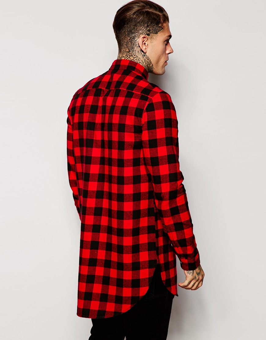 ASOS Super Longline Shirt In Buffalo Check in Red (Black) for Men | Lyst