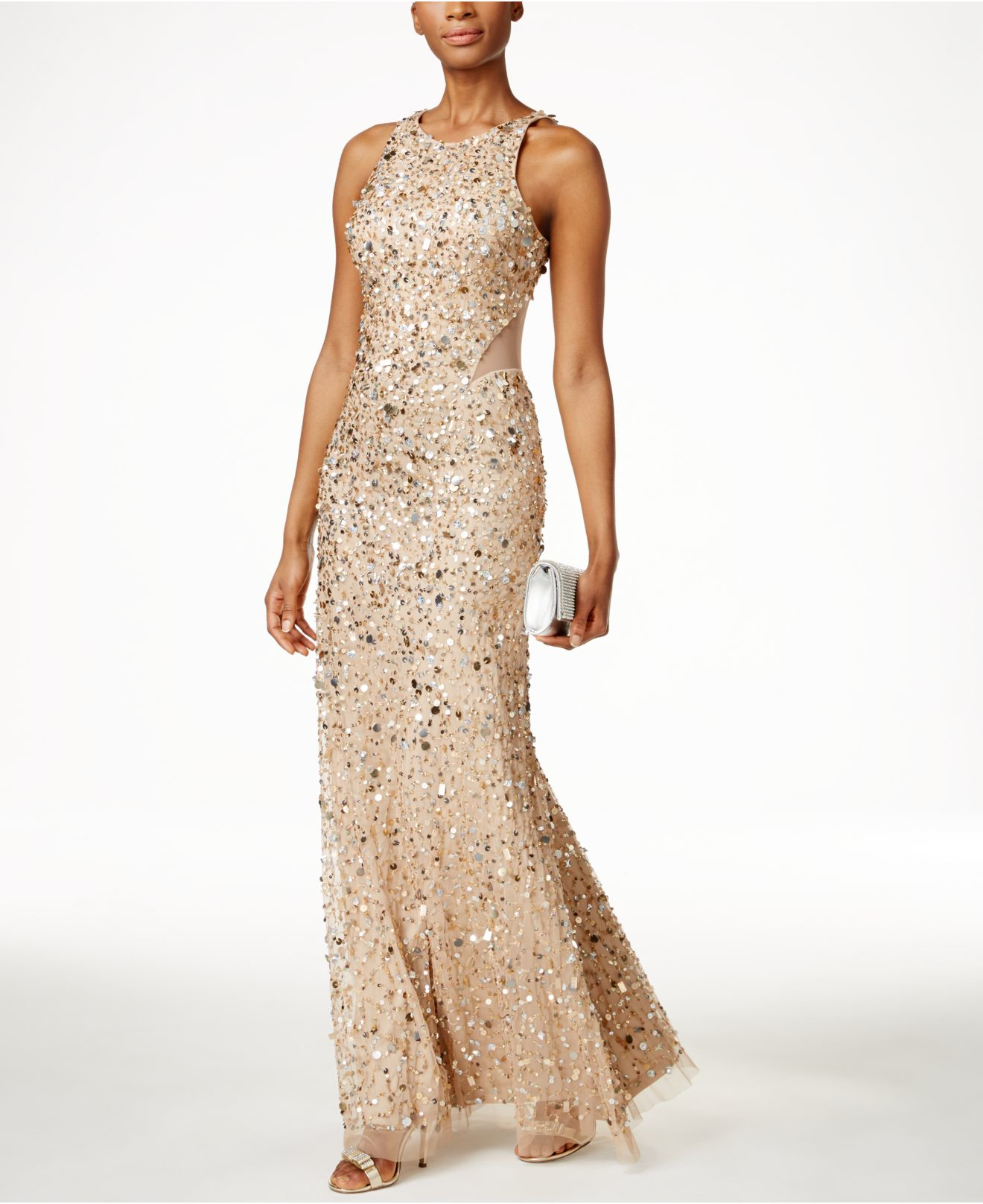 Adrianna Papell Sequined Racerback Illusion Gown in Metallic | Lyst