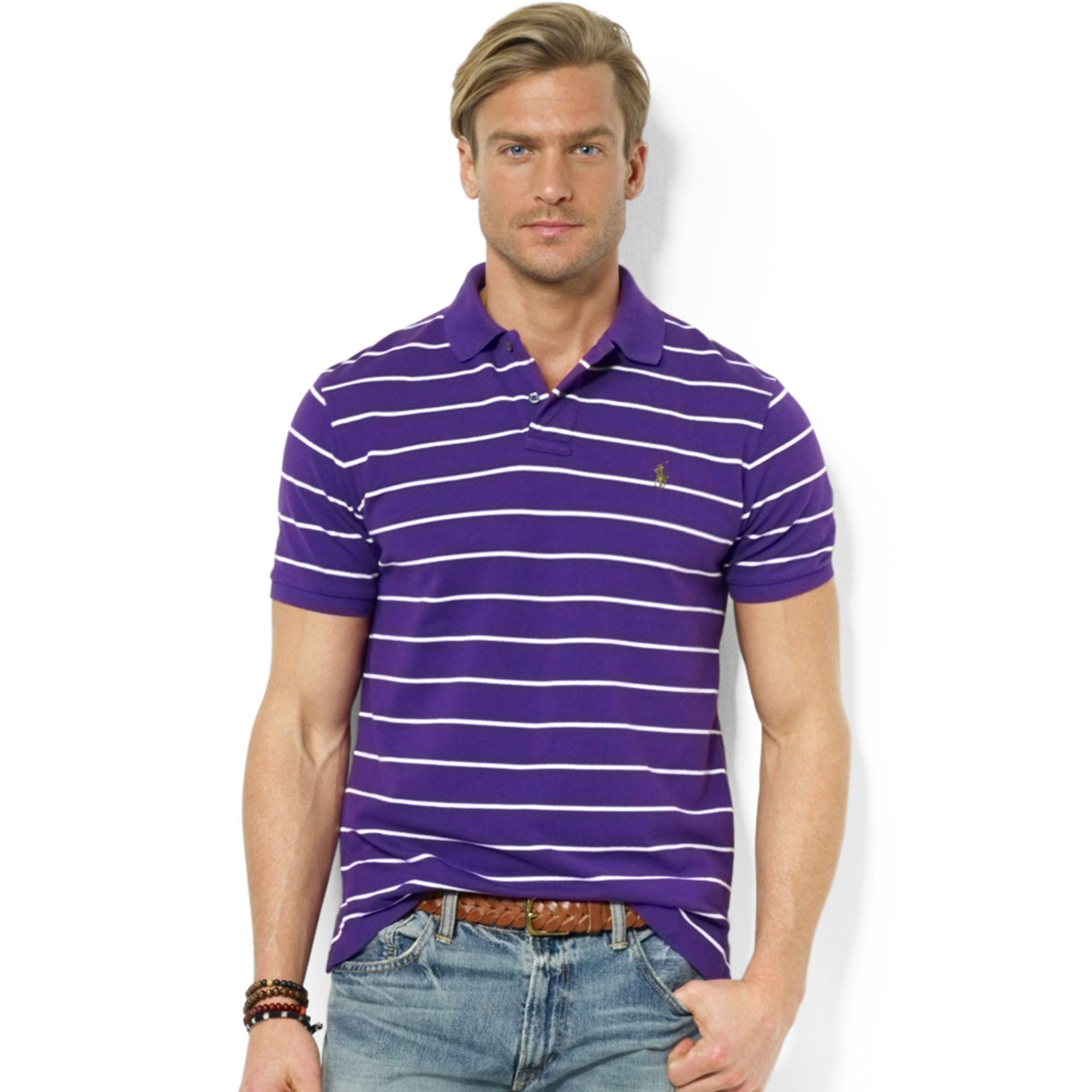 Ralph Lauren Polo Customfit Striped Stretchmesh Polo Shirt in Purple ...