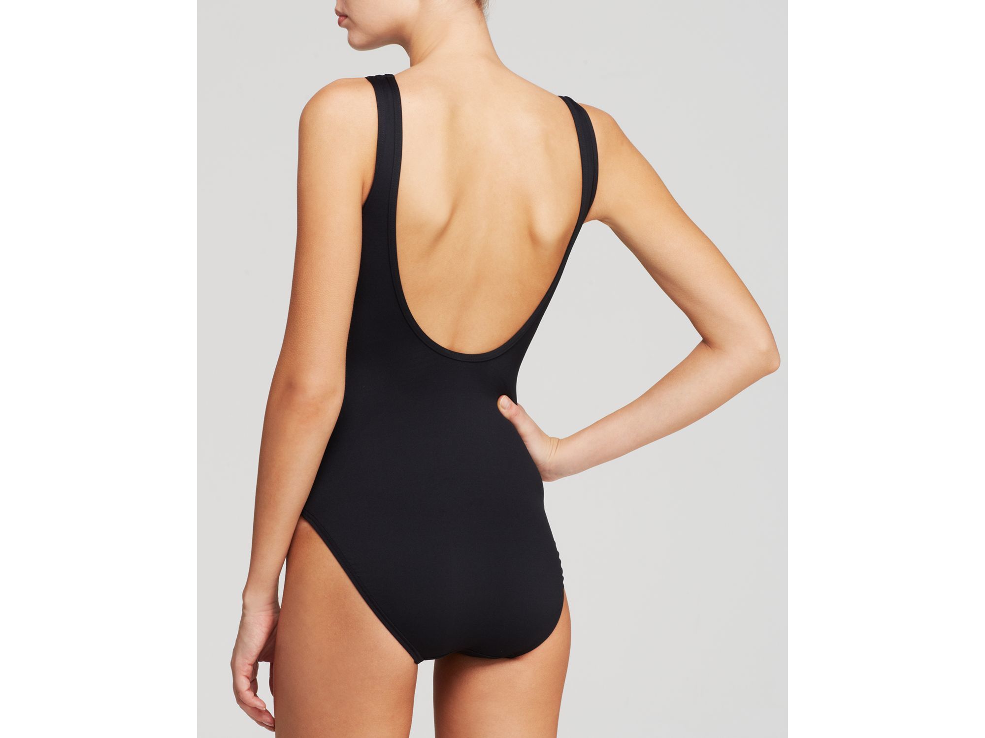 black scoop back one piece swimsuit
