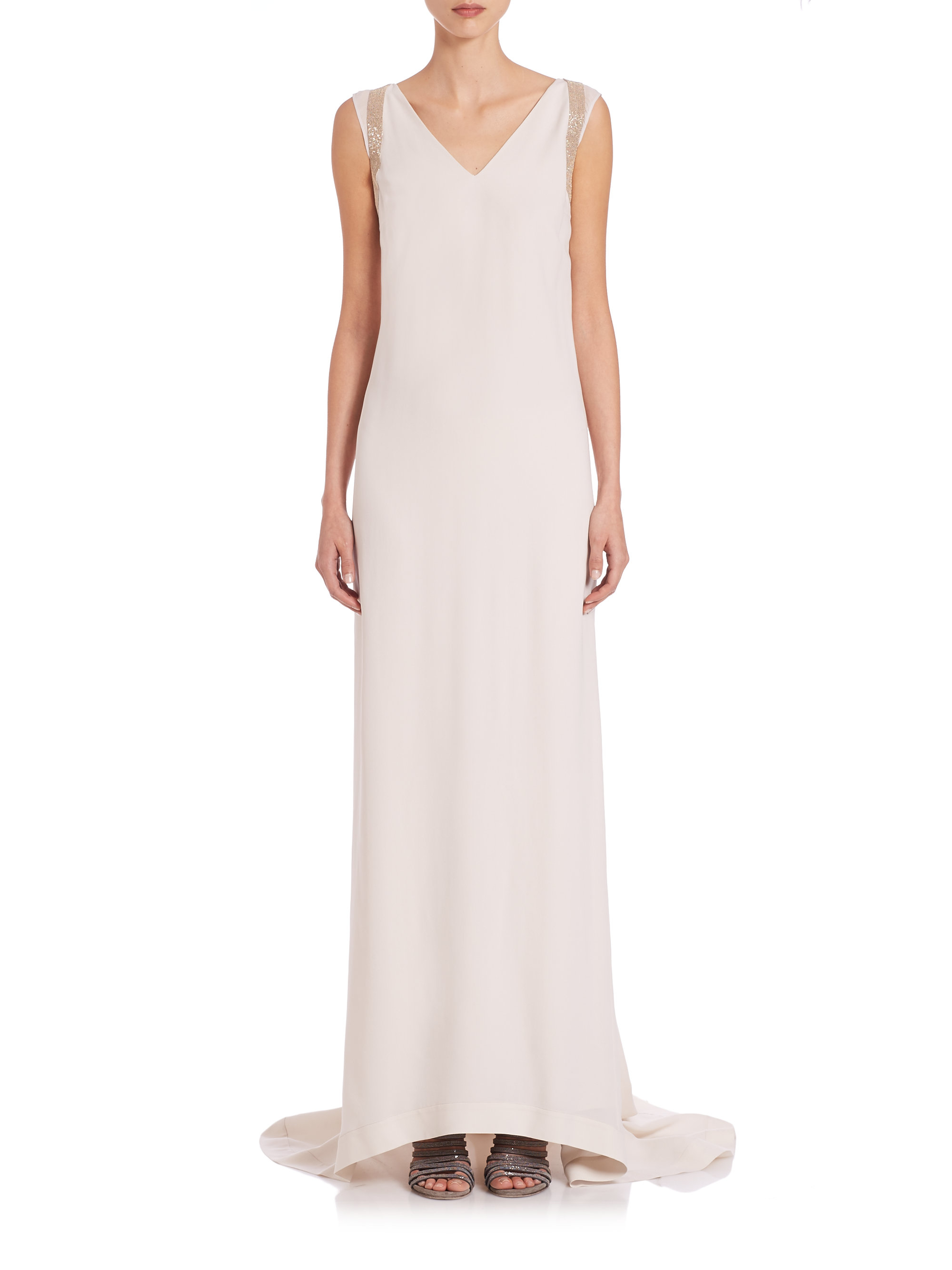 Lyst - Brunello Cucinelli Silk V-neck Gown in White