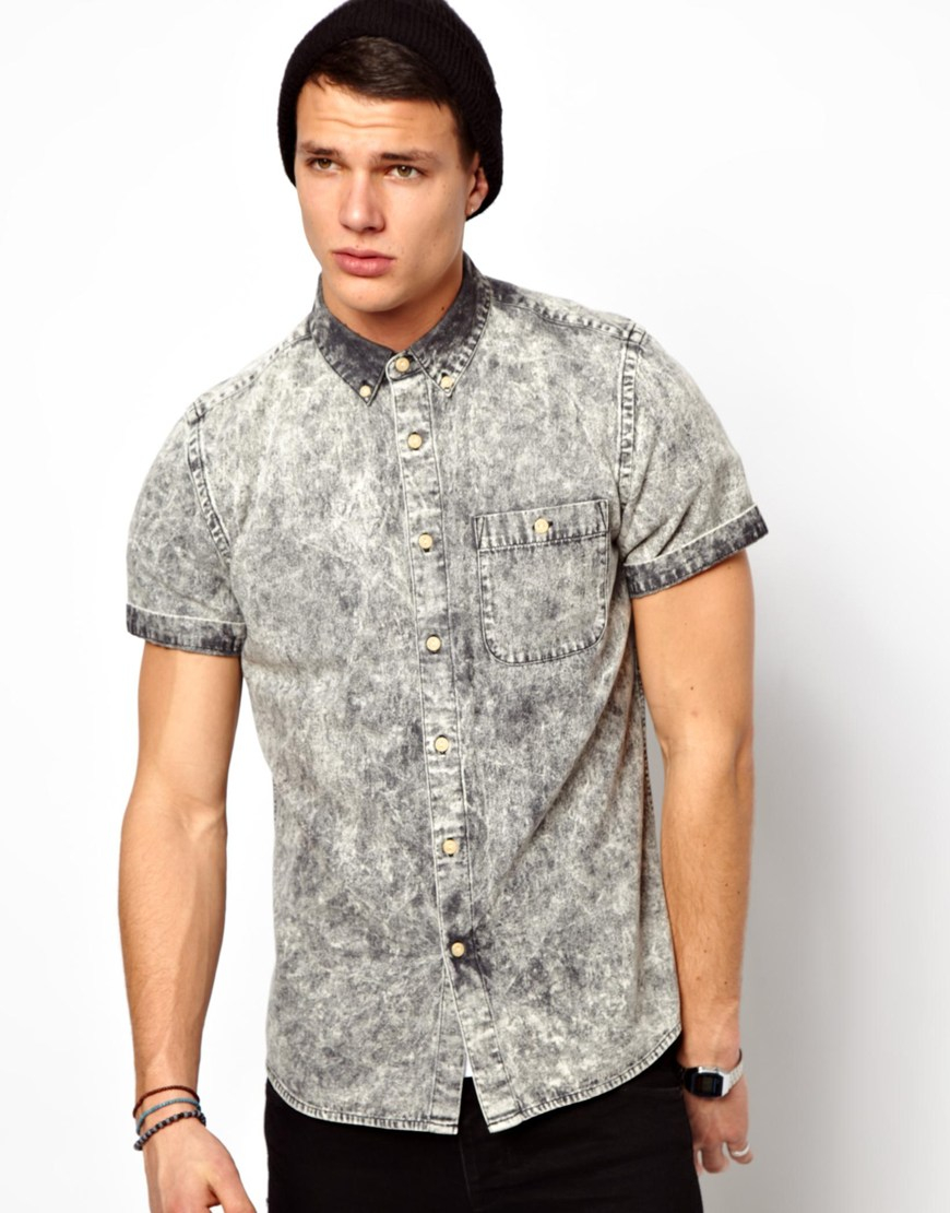 Short Sleeve Men/'s Washed Denim Shirt